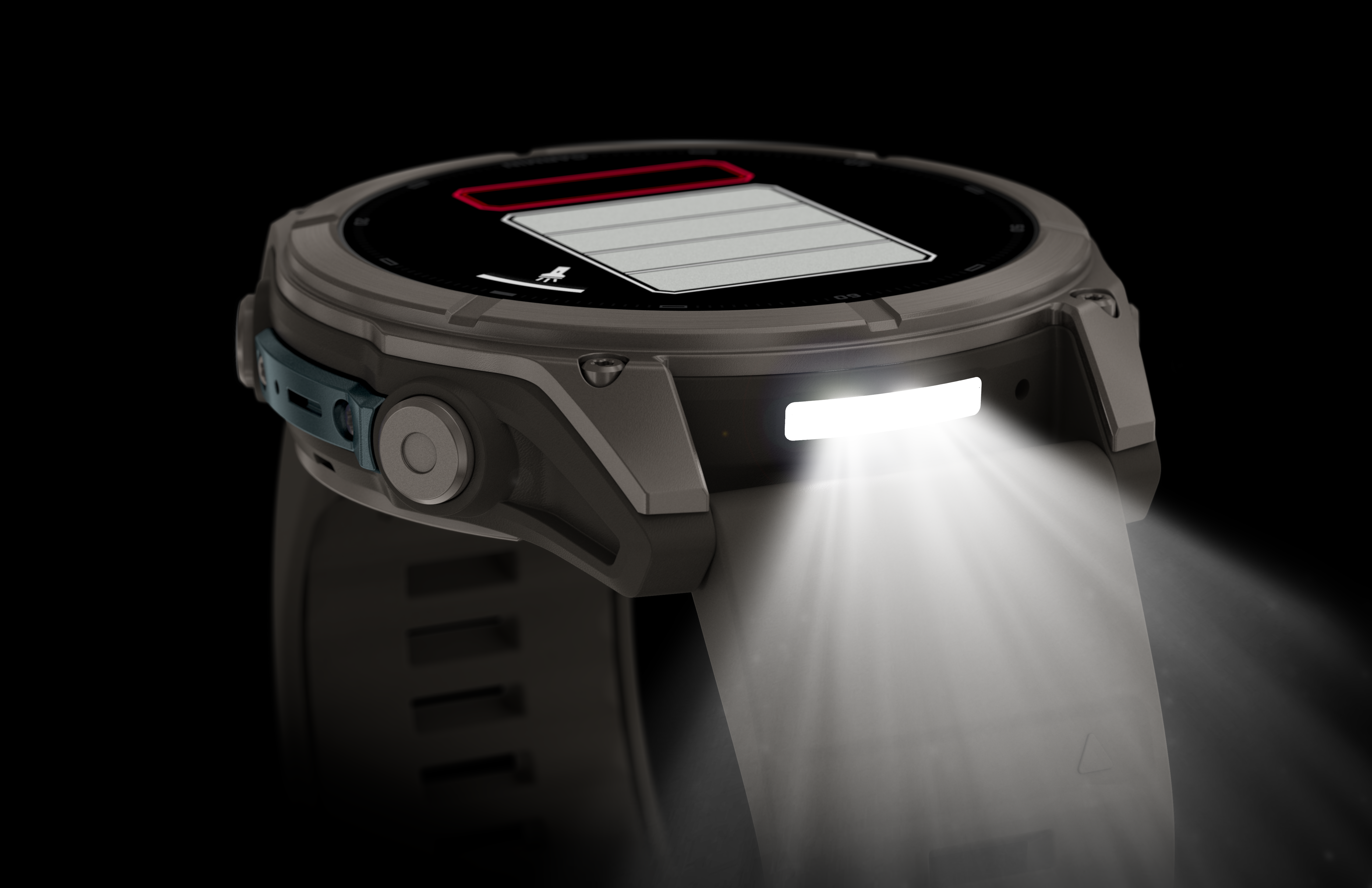 Eine robuste Smartwatch mit integrierter LED-Taschenlampe, die helles Licht nach unten strahlt, auf schwarzem Hintergrund.