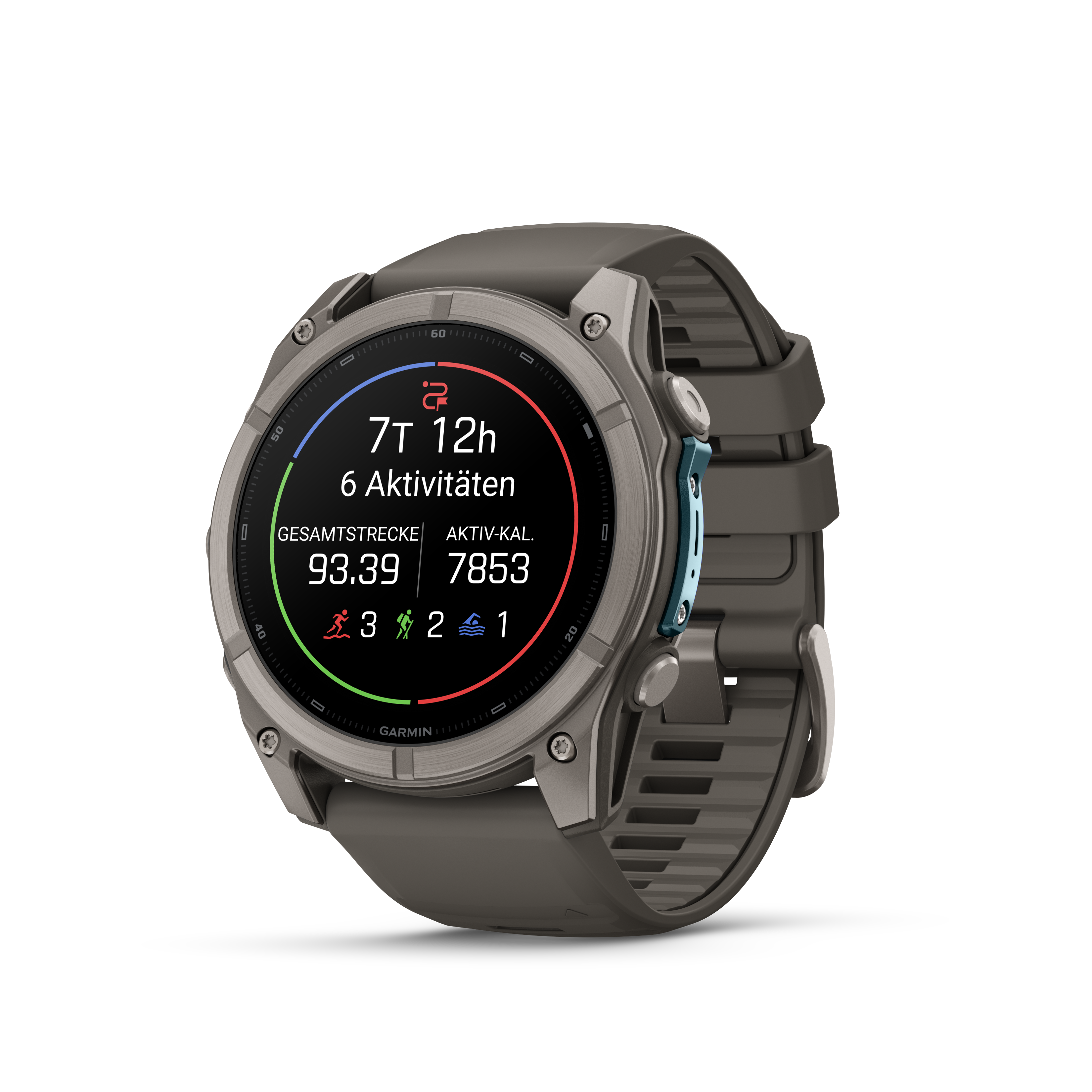 Eine Garmin-Sport-Smartwatch mit grauem Silikonarmband, Titanlünette und digitalem Fitness-Dashboard auf dem Bildschirm.