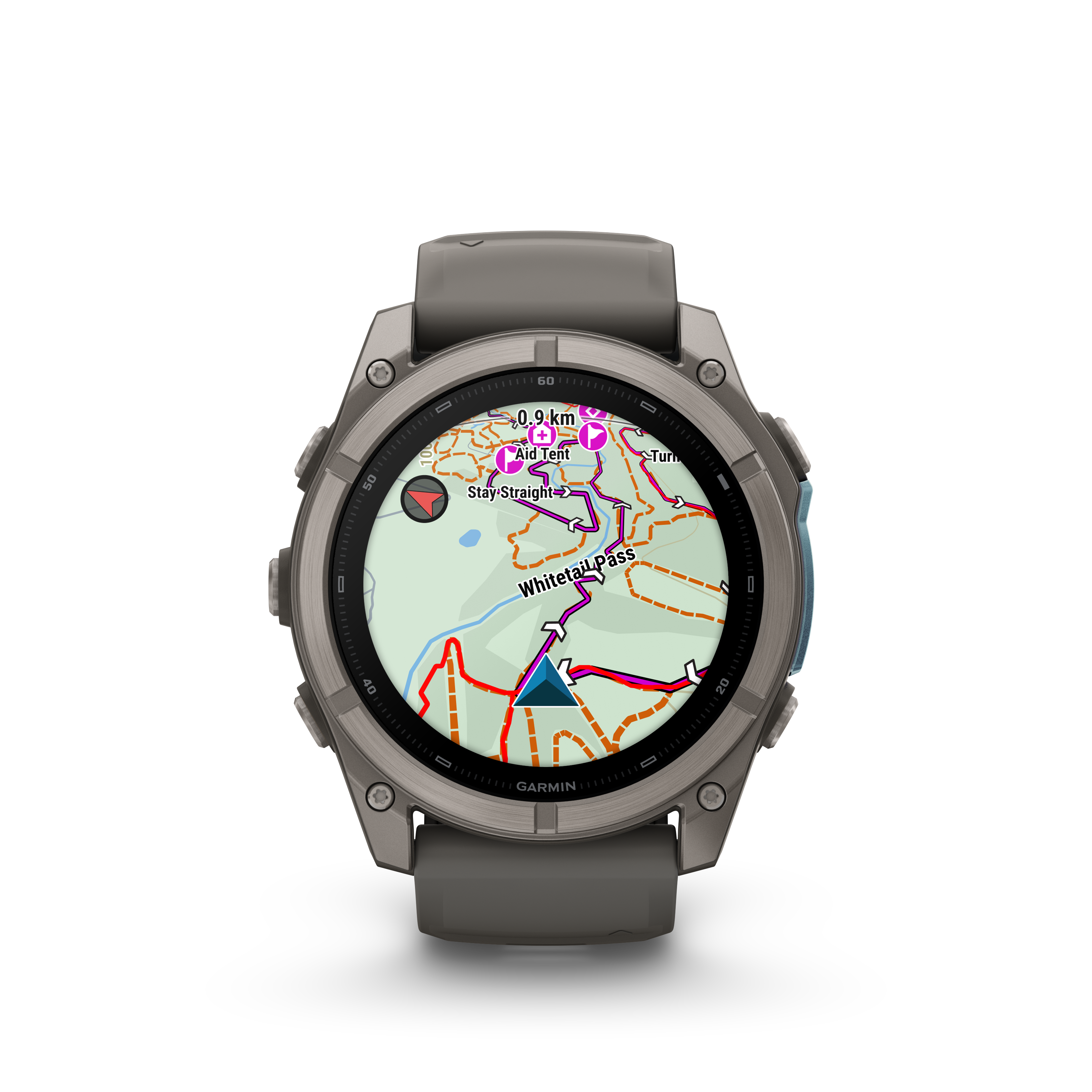 Graue Garmin-Sportuhr mit GPS-Kartenbildschirm, der Wege und Markierungen anzeigt.