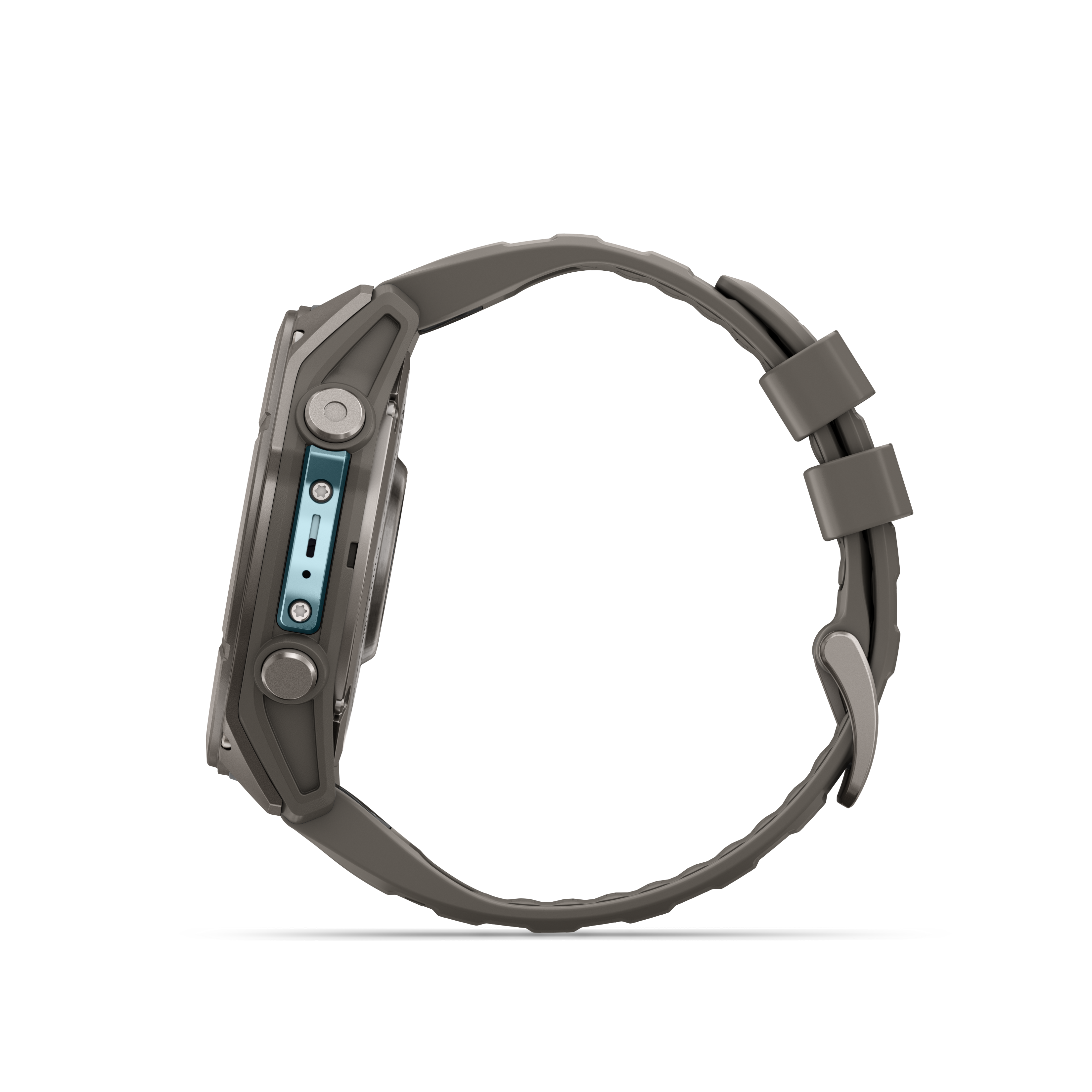 Seitenansicht einer robusten grauen Sportuhr mit blauem Akzent und Silikonarmband vor schwarzem Hintergrund.