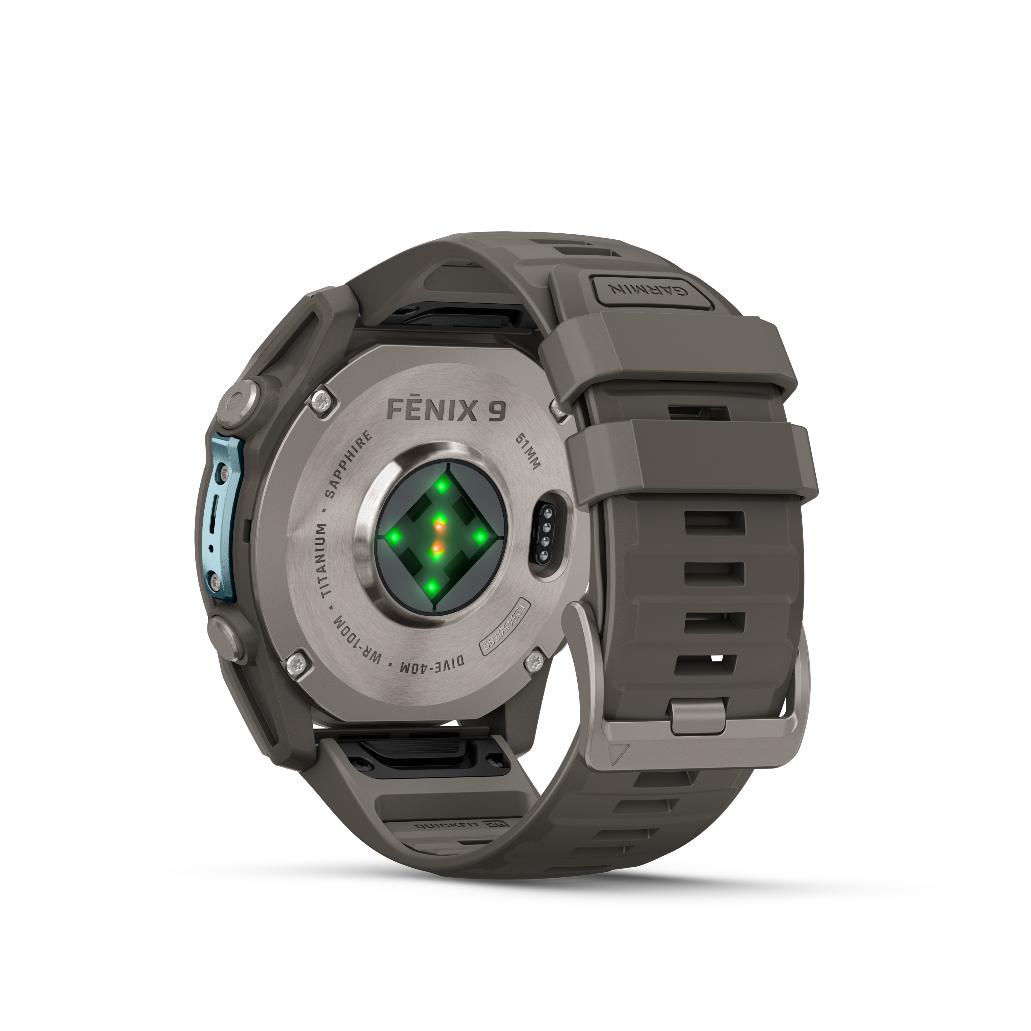 Rückseite einer grauen Garmin Fénix 9 Uhr mit Sensoren auf schwarzem Hintergrund.