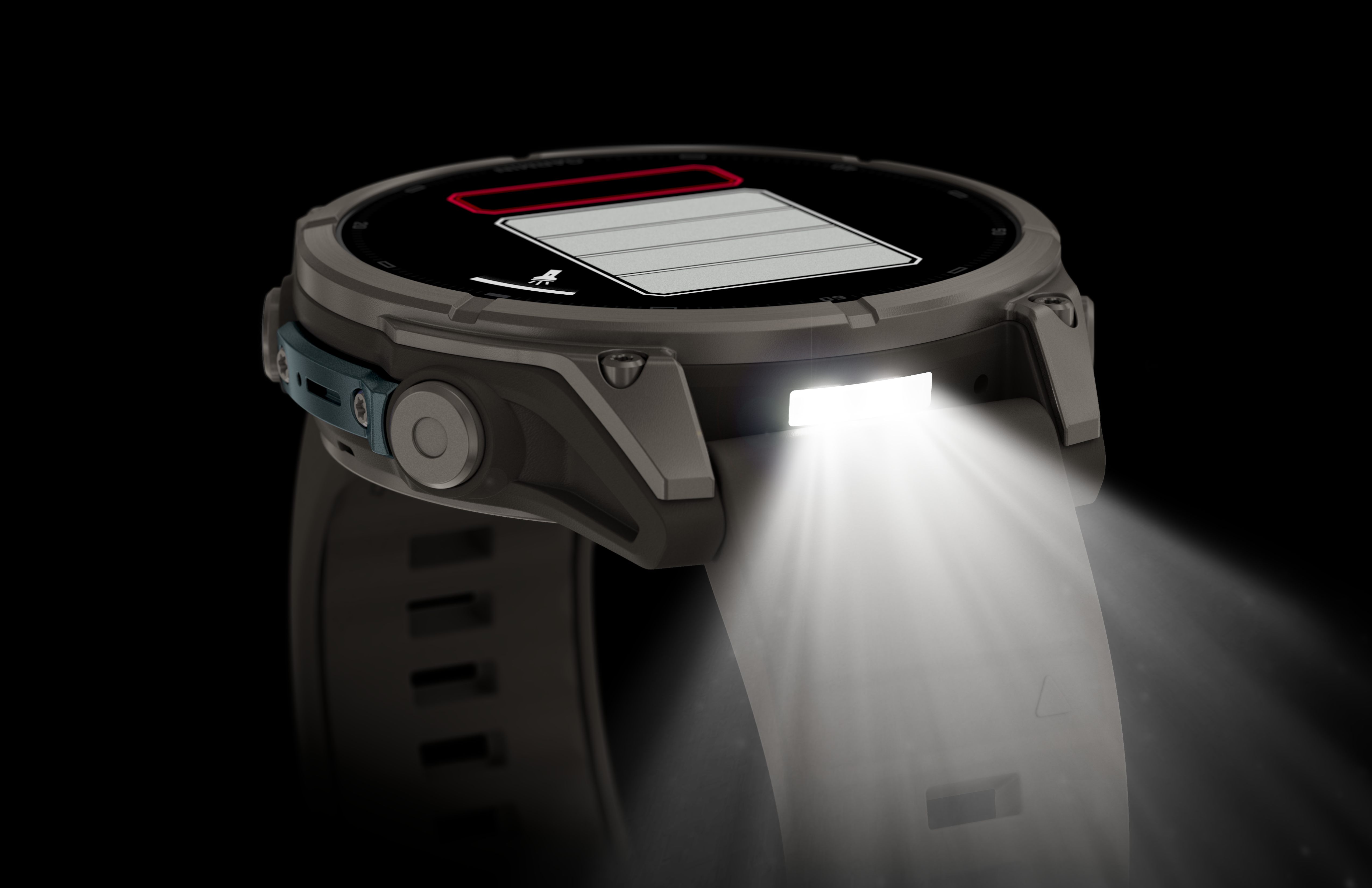 Eine robuste Smartwatch mit integrierter LED-Taschenlampe, die vor schwarzem Hintergrund leuchtet.