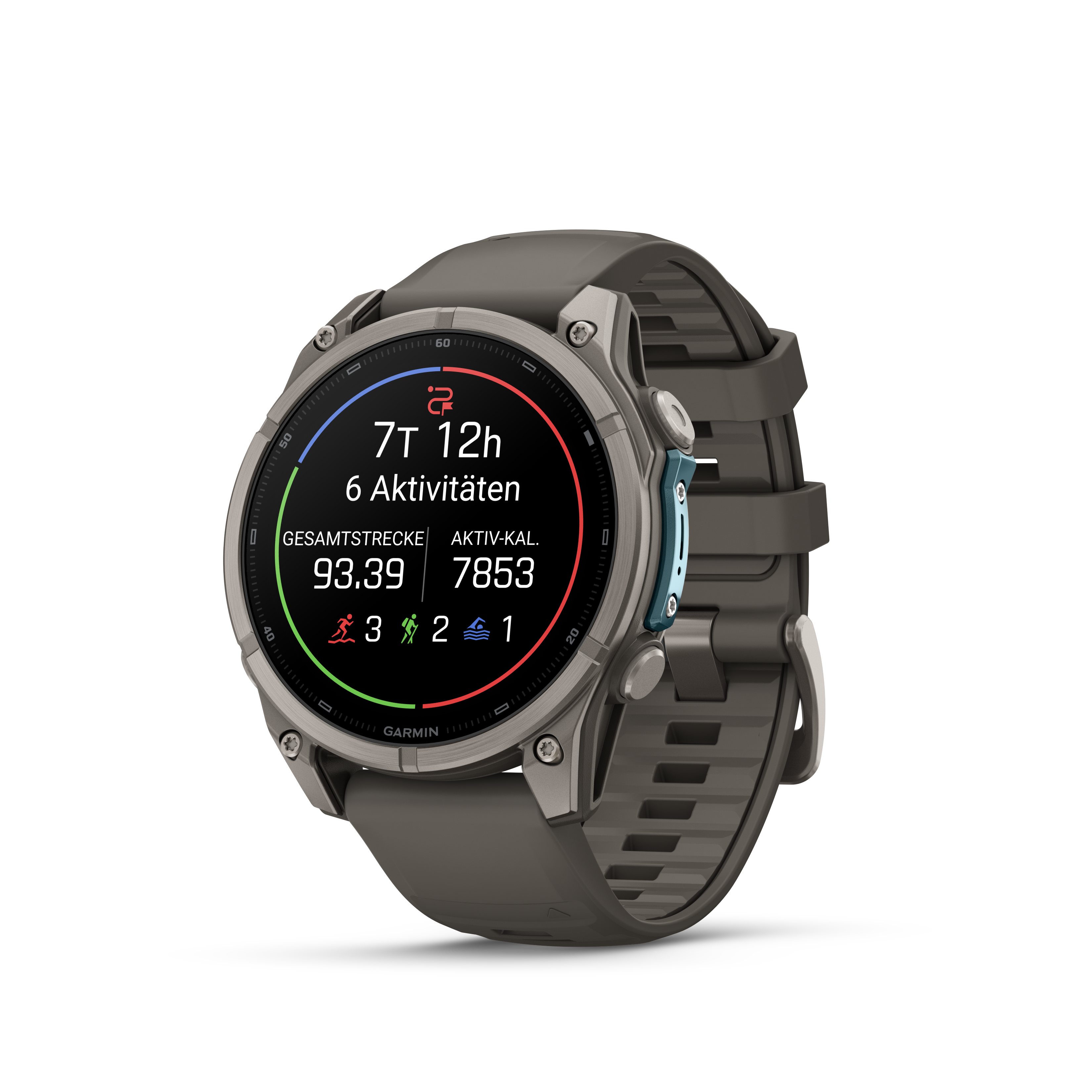 Eine graue Garmin-Sportuhr mit digitalem Zifferblatt auf schwarzem Hintergrund zeigt Aktivitätsdaten an.