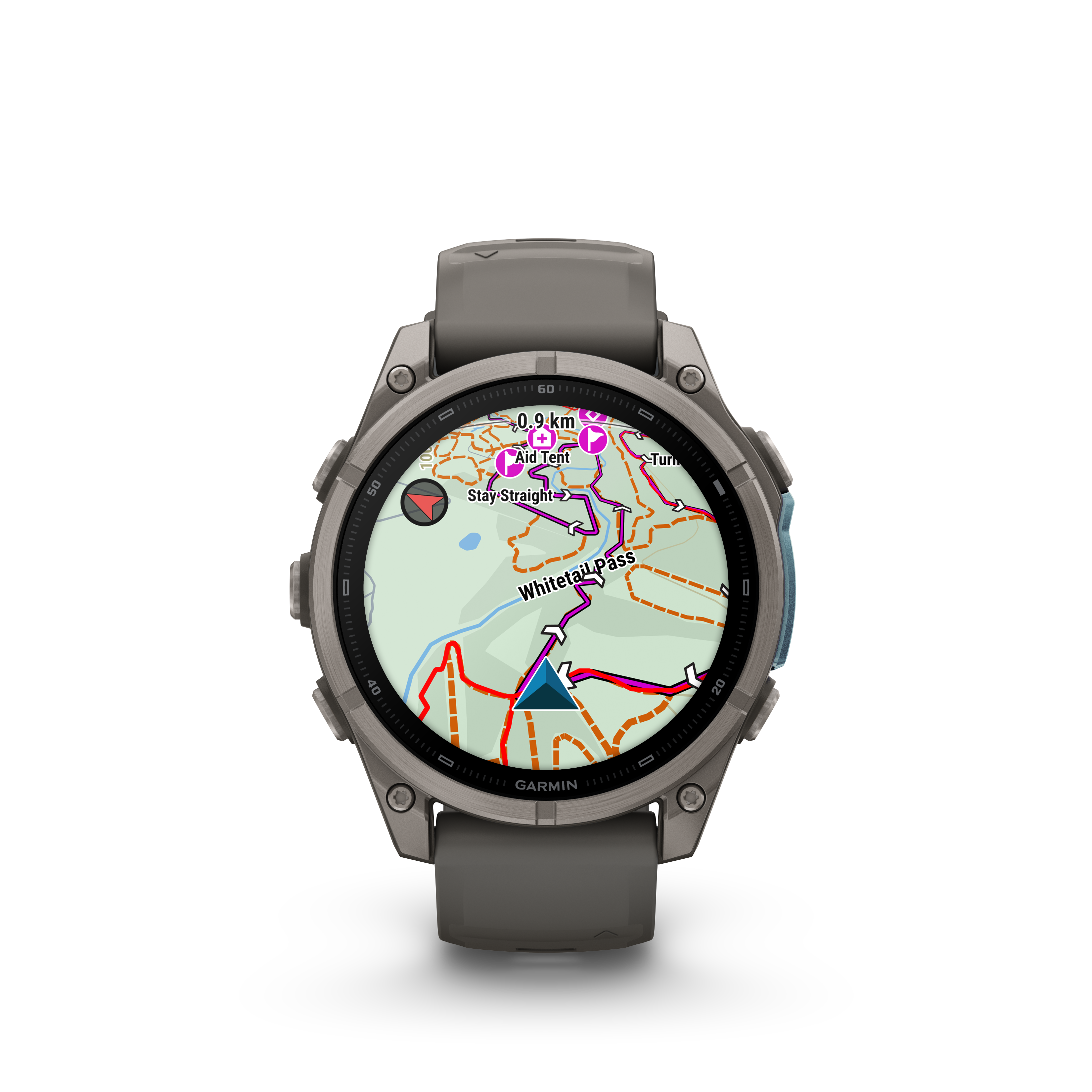 Eine graue Garmin-Sportuhr mit GPS-Kartenansicht auf dem runden Display.