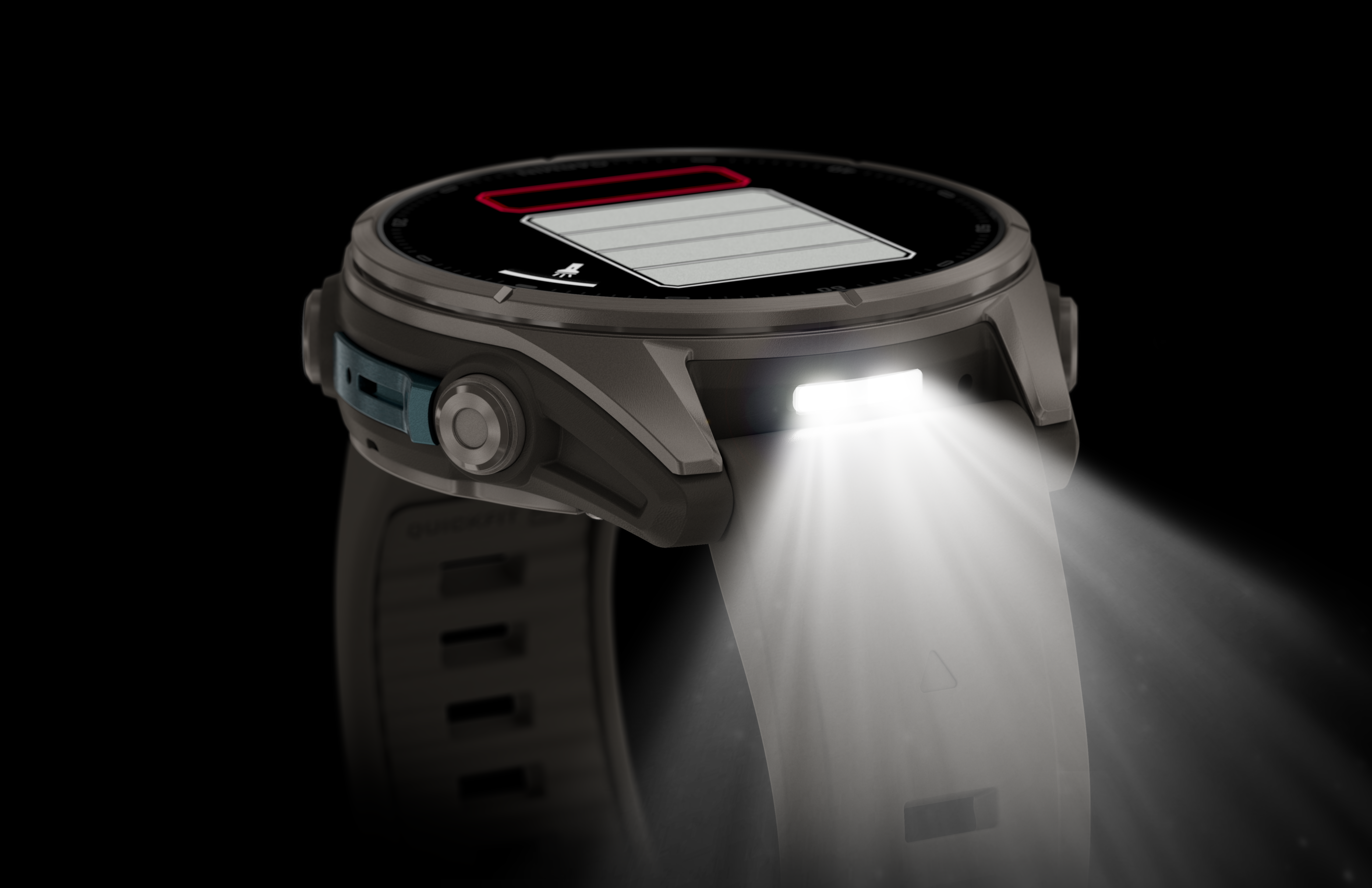Eine dunkle Smartwatch mit integrierter, hell leuchtender Taschenlampe an der Seite vor schwarzem Hintergrund.