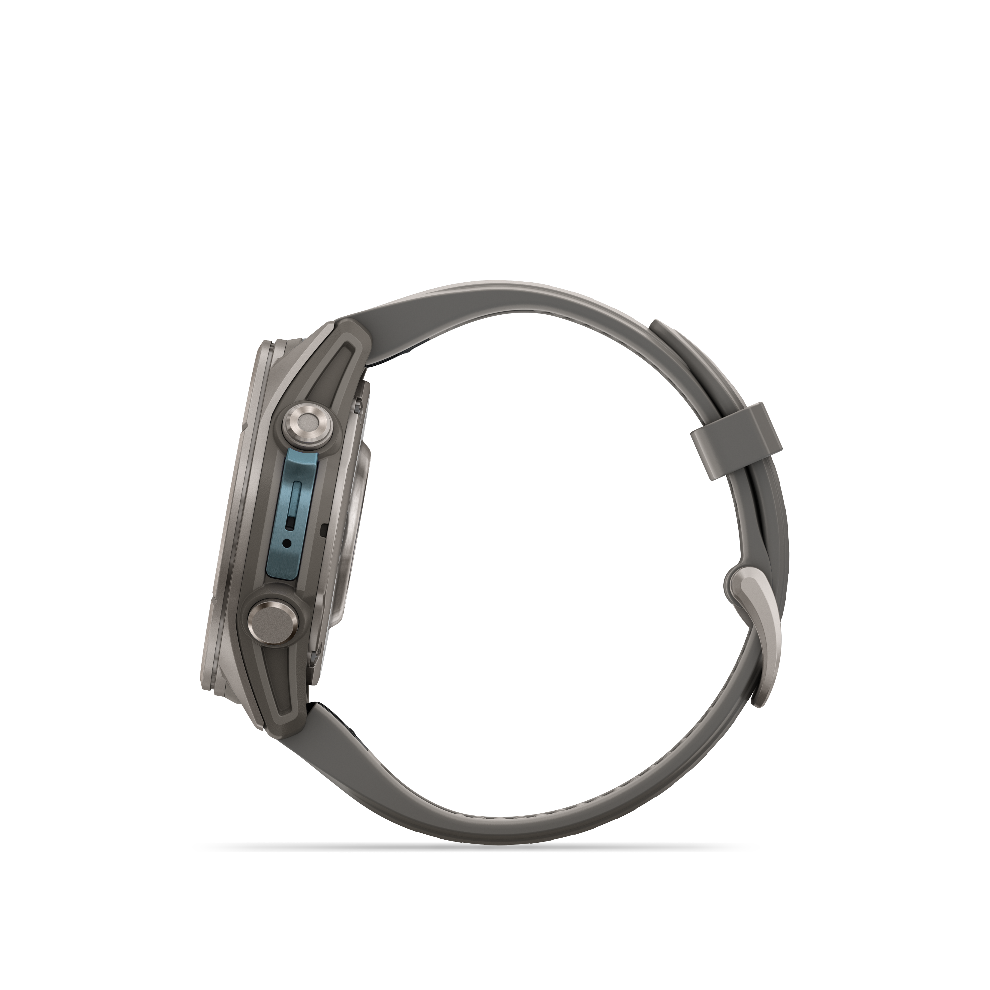 Eine graue Smartwatch mit silbernen Knöpfen und blauem Akzent wird seitlich auf schwarzem Hintergrund gezeigt.