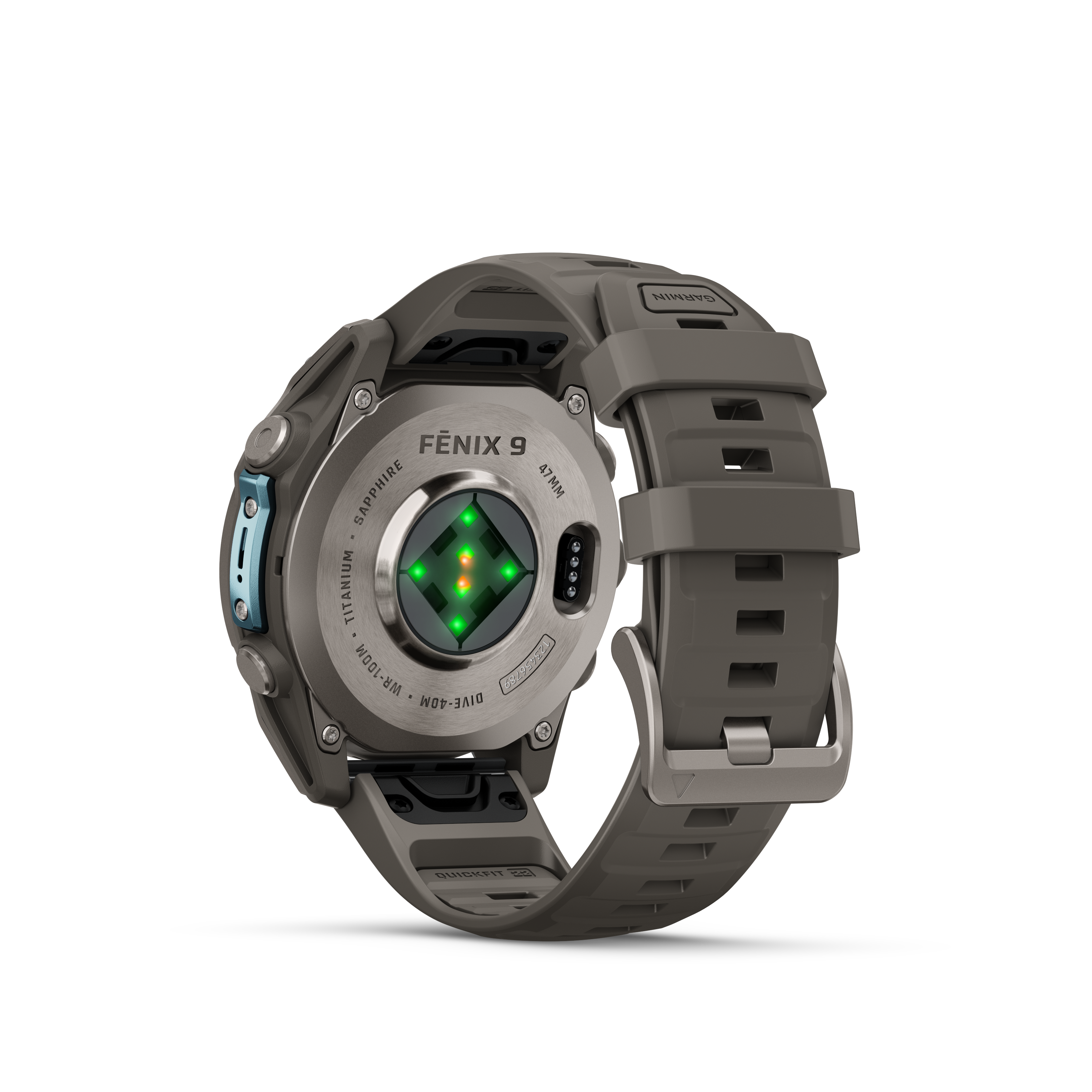 Rückseite einer Garmin Fenix 9 Smartwatch mit Sensoren und grauem Silikonarmband vor schwarzem Hintergrund.