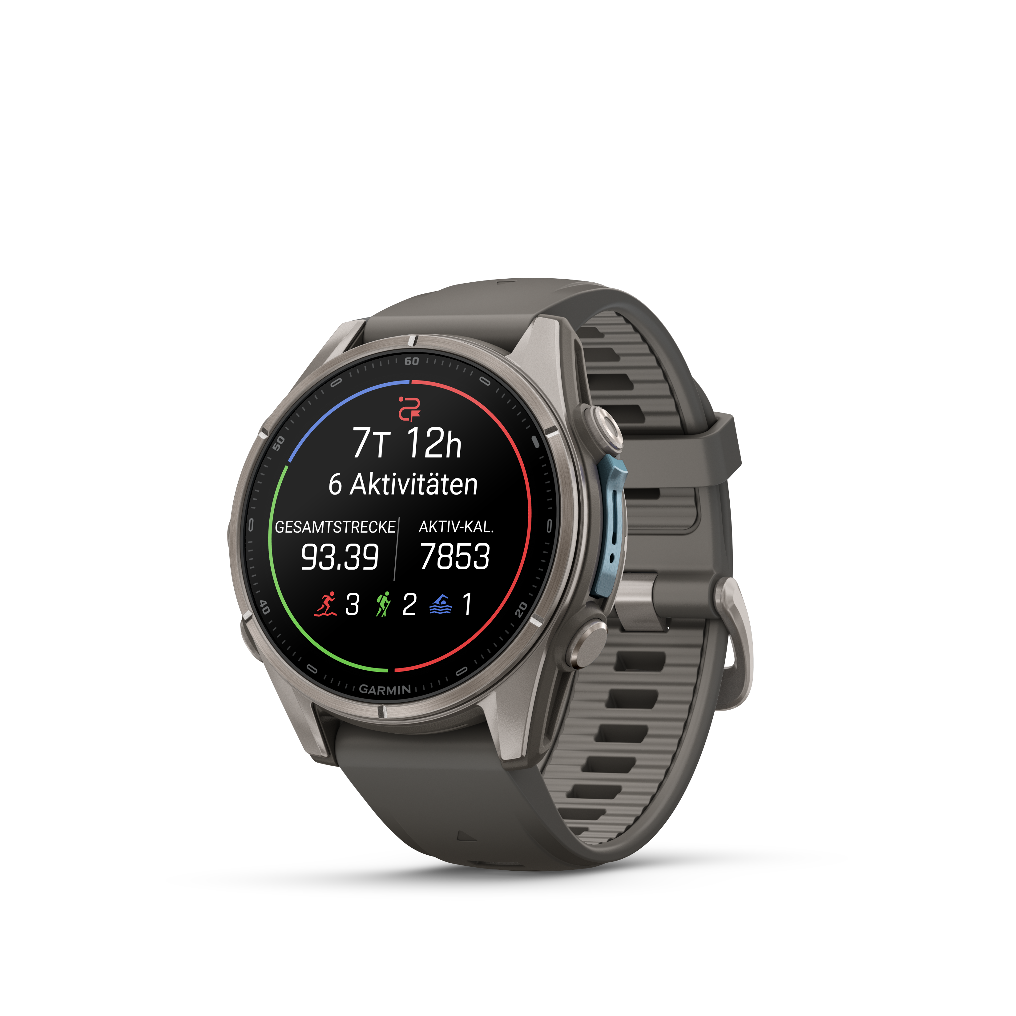 Eine graue Garmin-Sportuhr mit digitalem Display und Aktivitätsdaten auf schwarzem Hintergrund.