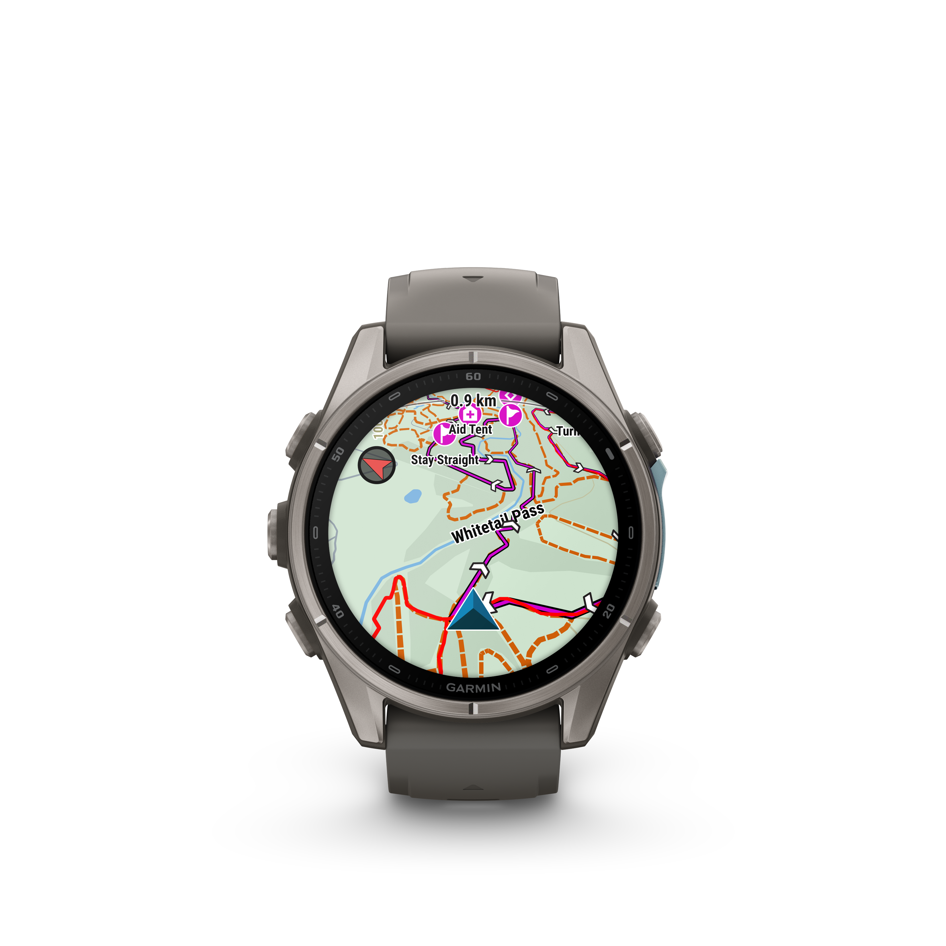Eine Garmin-Sportuhr mit einer detaillierten topografischen Karte, Wanderroute, Symbolen und Navigationspfeilen.