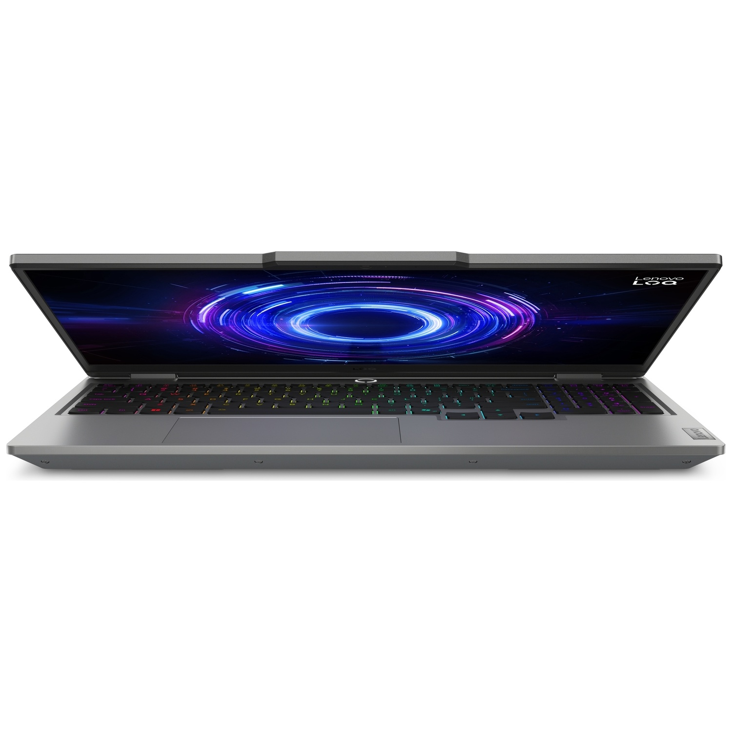 Ordinateur portable de jeu Lenovo LOQ gris ouvert, avec un fond d'écran vortex bleu et violet et un clavier rétroéclairé.