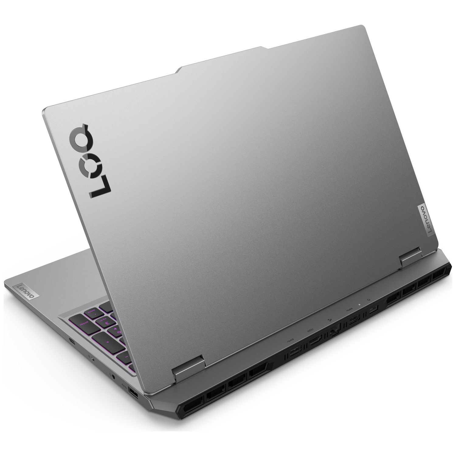 Ordinateur portable gris Lenovo LOQ vu de dos avec couvercle relevé et ports visibles.