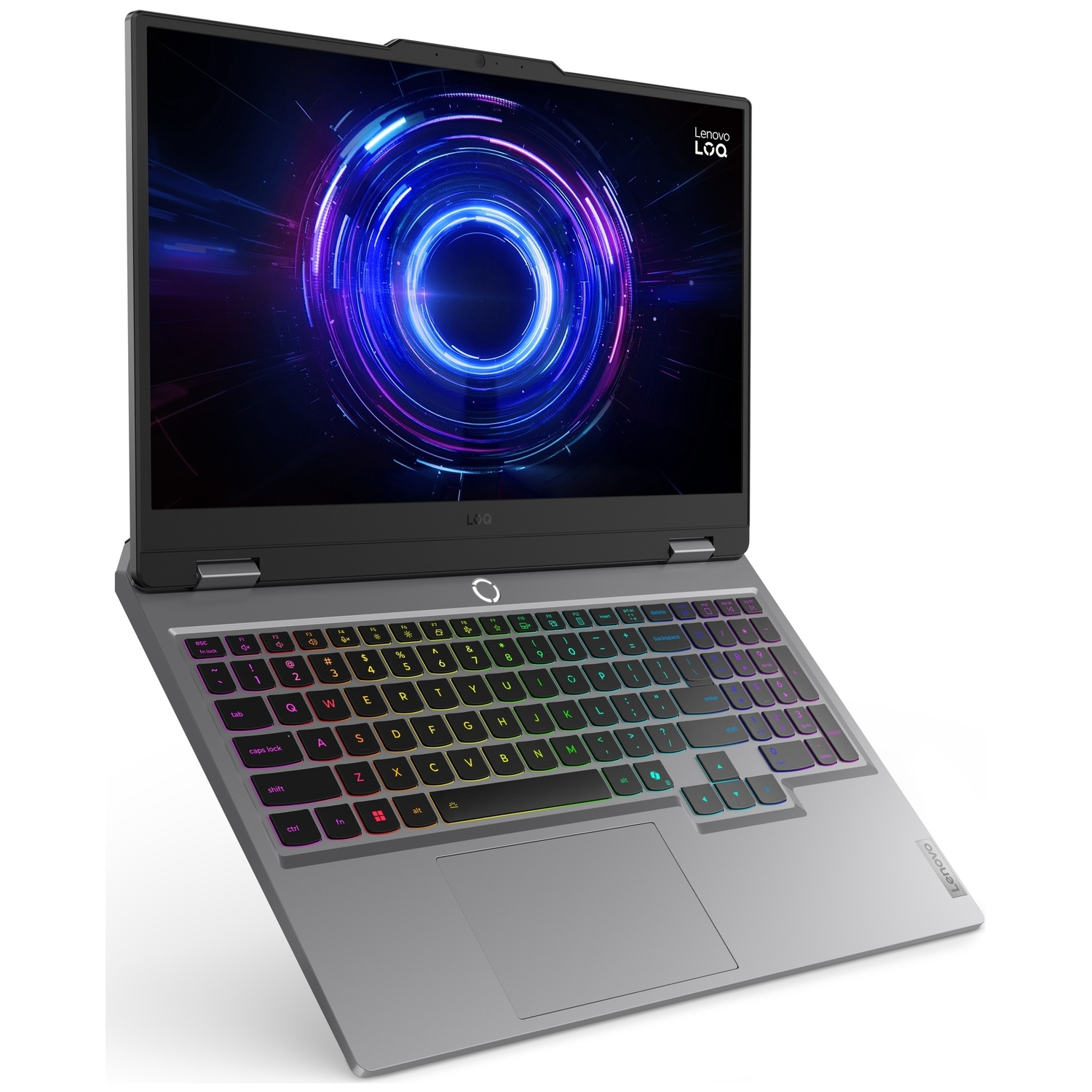 Un ordinateur portable Lenovo LOQ argenté avec un clavier rétroéclairé affiche un graphique de tourbillon bleu.