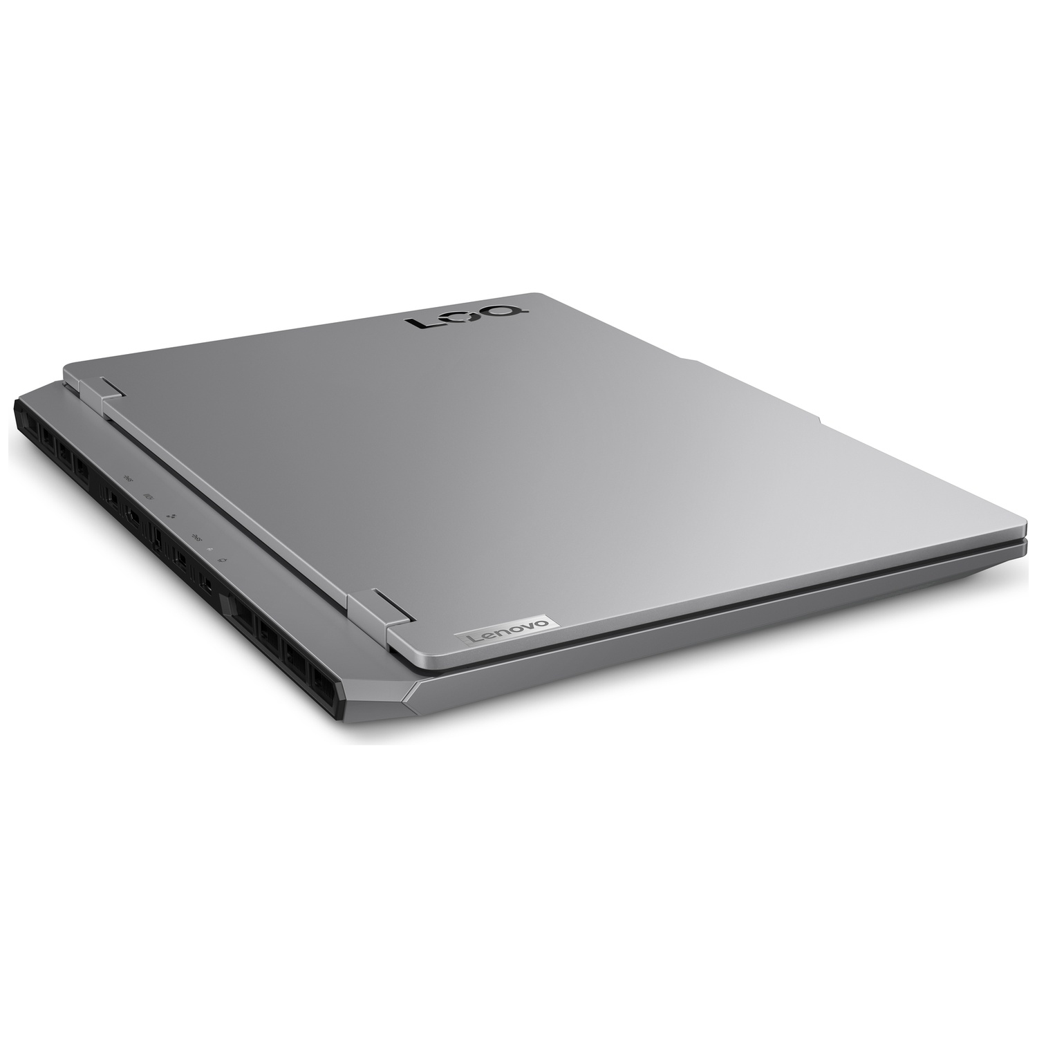 Ordinateur portable Lenovo LOQ gris fermé, vu de l'arrière avec ports.
