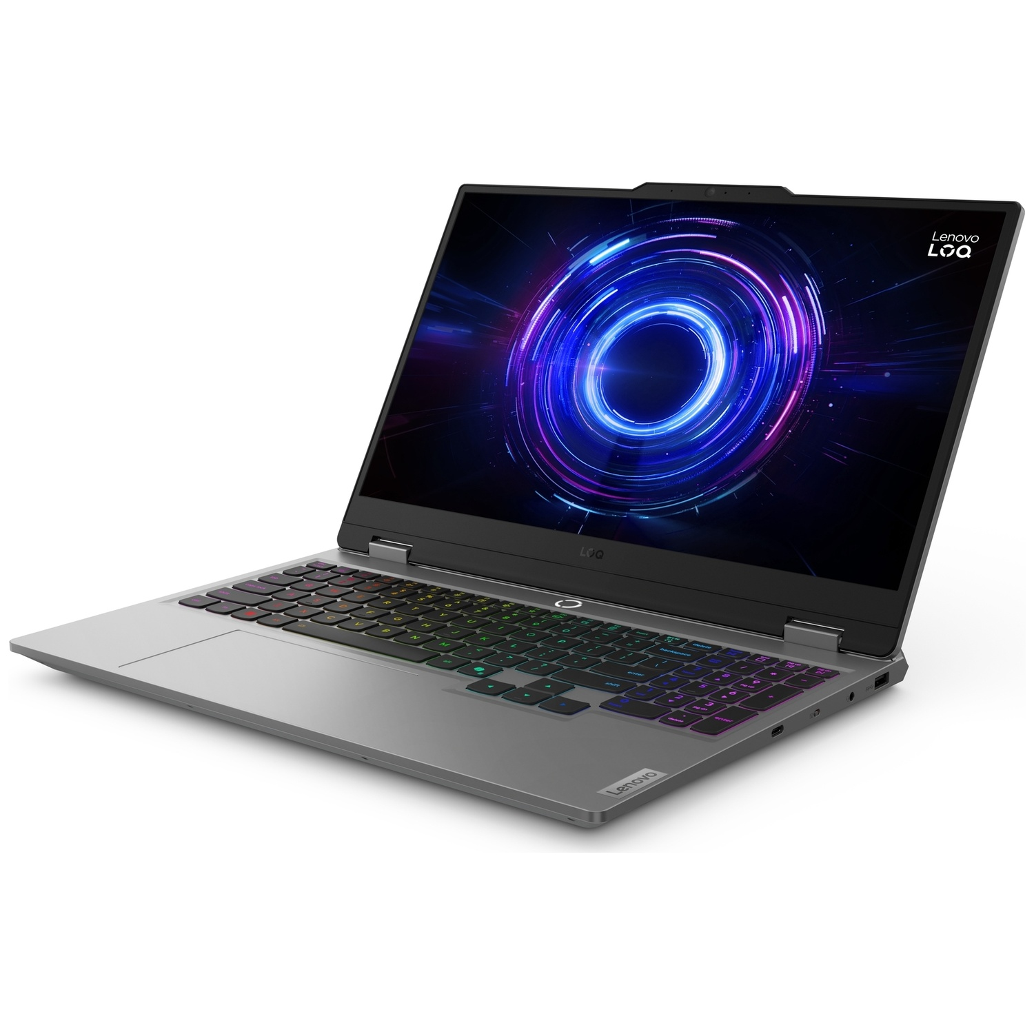 Un ordinateur portable Lenovo LOQ gris avec clavier rétroéclairé et fond d'écran abstrait.