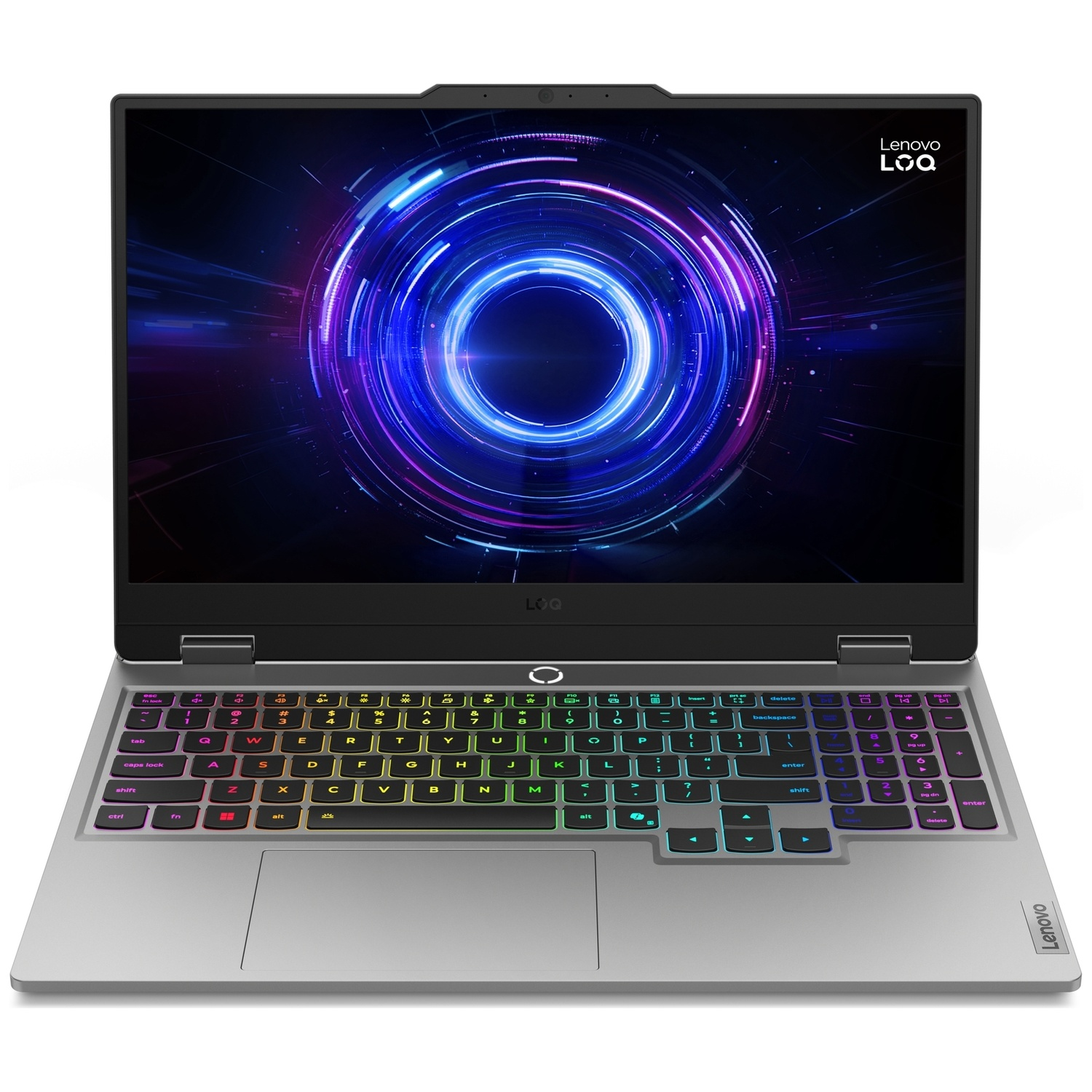 Ordinateur portable Lenovo LOQ avec base argentée, clavier rétroéclairé et fond d'écran circulaire bleu.