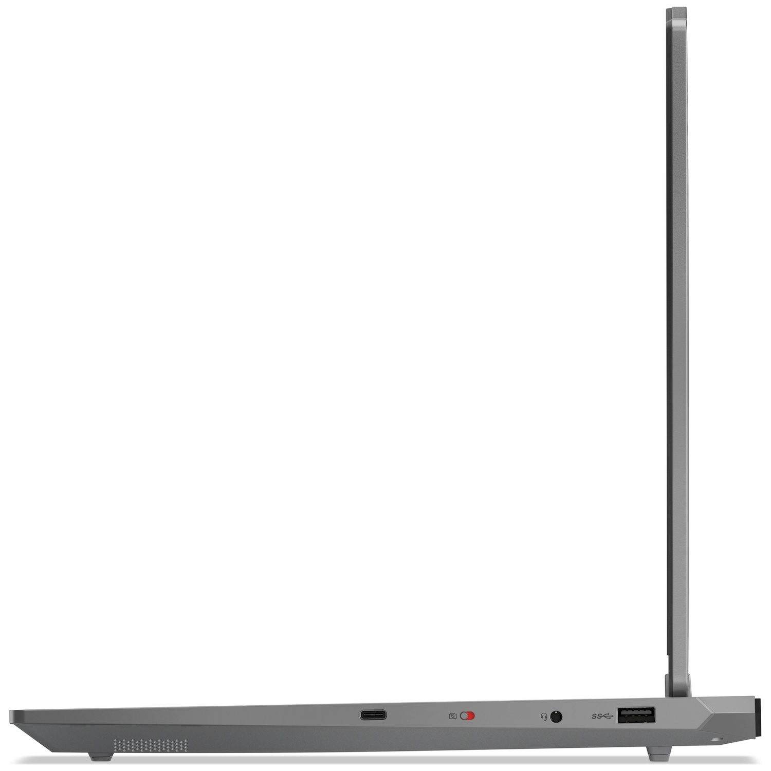 Vue latérale d'un ordinateur portable gris montrant des ports et un interrupteur rouge sur fond blanc.