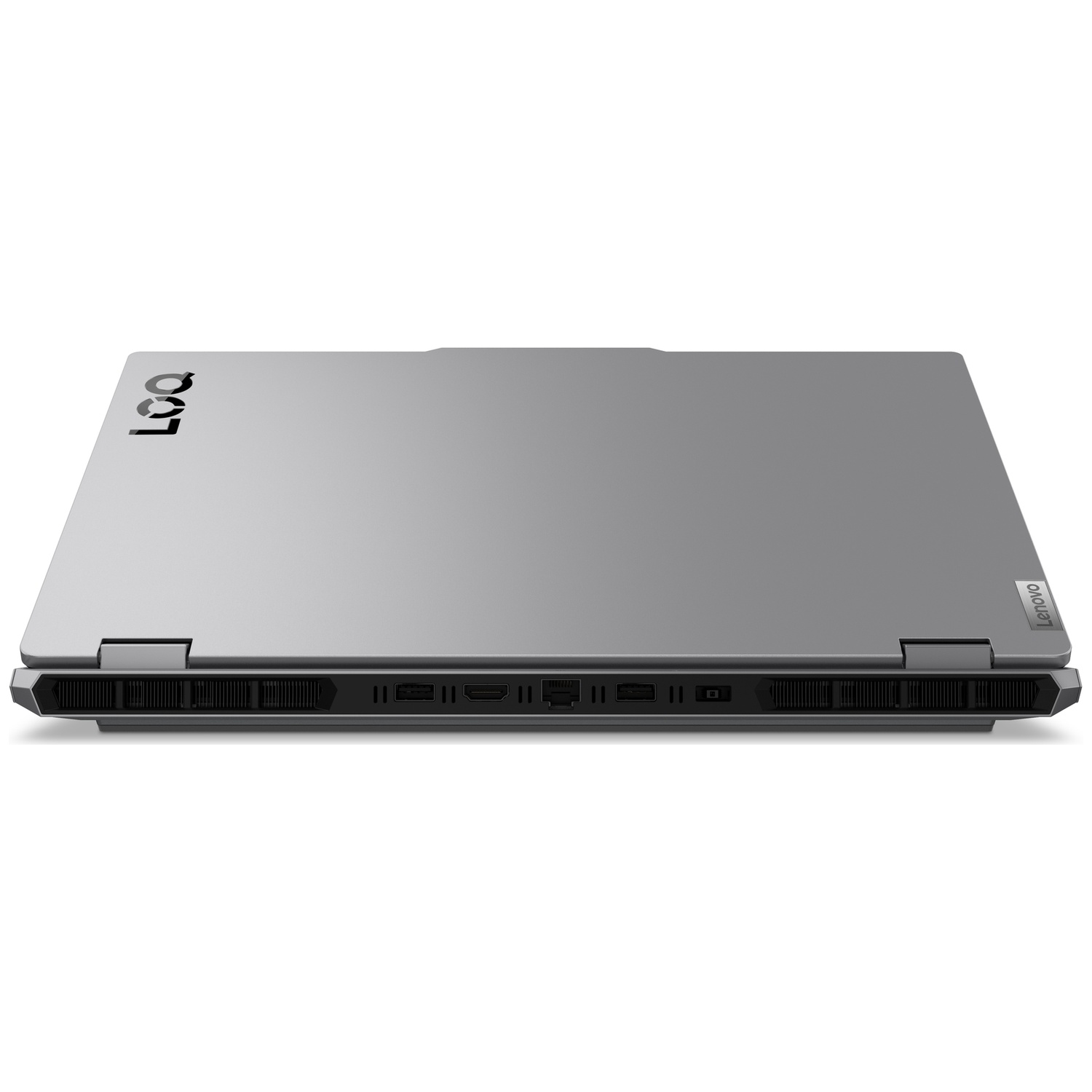 Vue arrière d'un ordinateur portable Lenovo LOQ gris fermé avec divers ports.