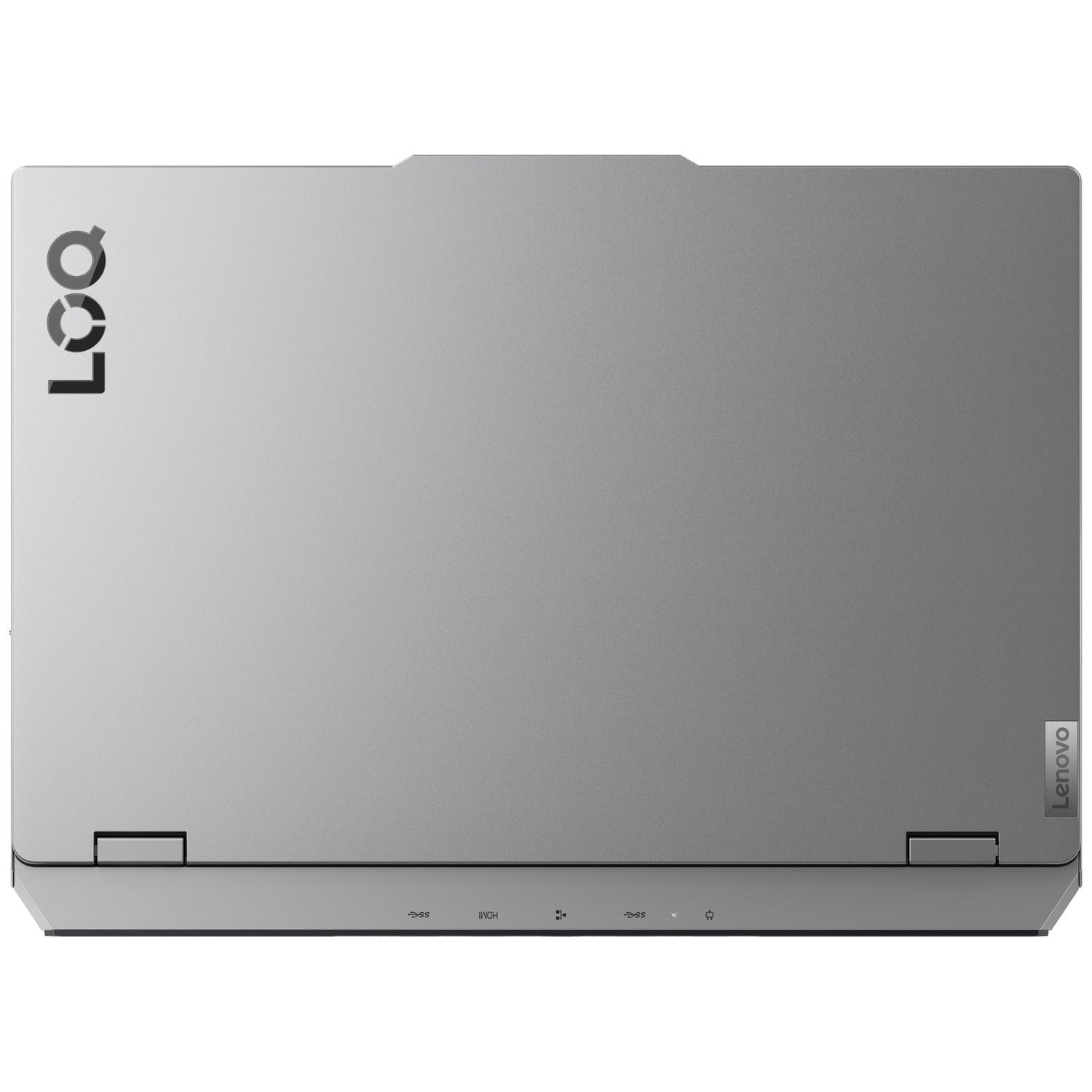 Ordinateur portable gris fermé avec les logos Lenovo et LOQ visibles sur le couvercle.
