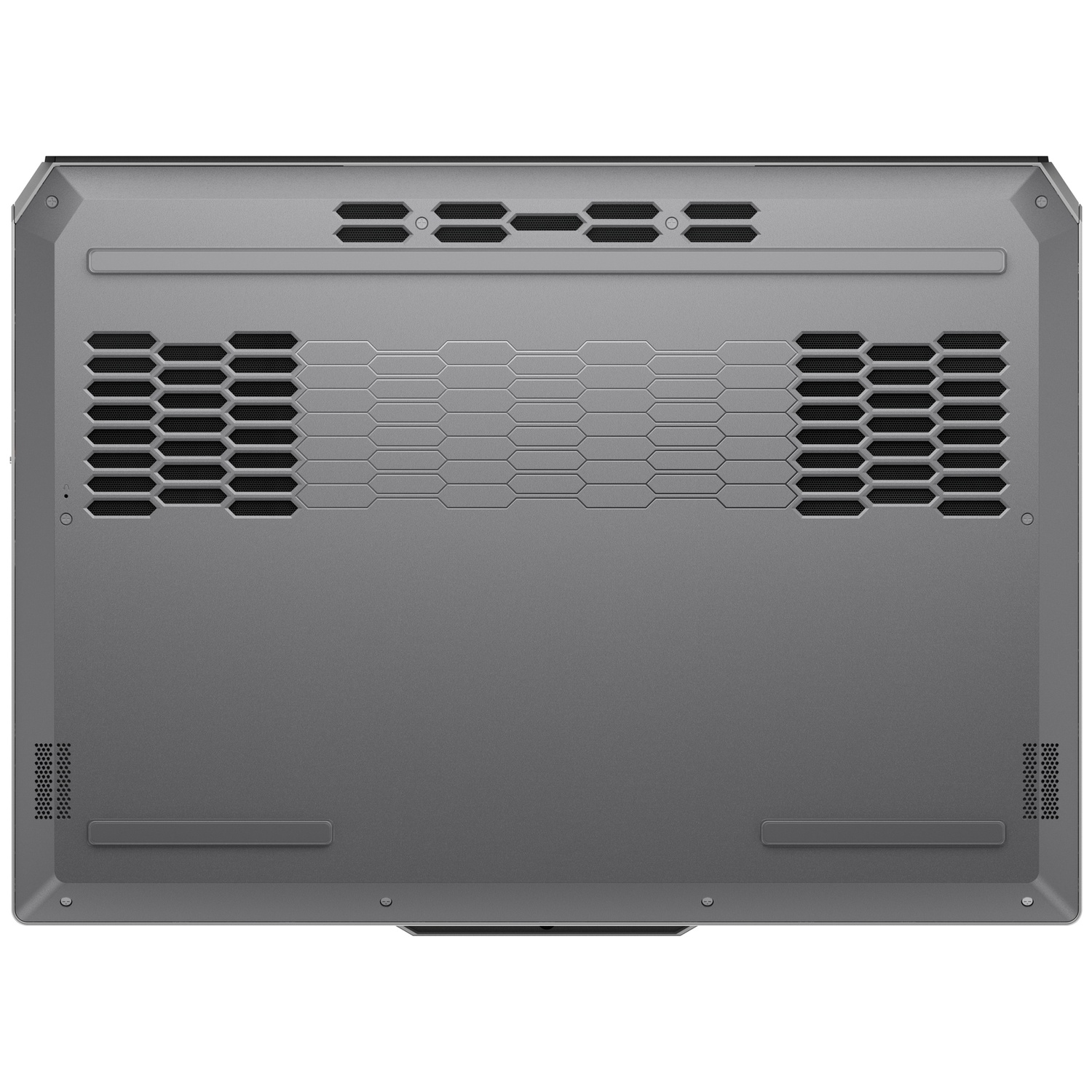 Panneau inférieur d'ordinateur portable gris avec grilles de ventilation et pieds.