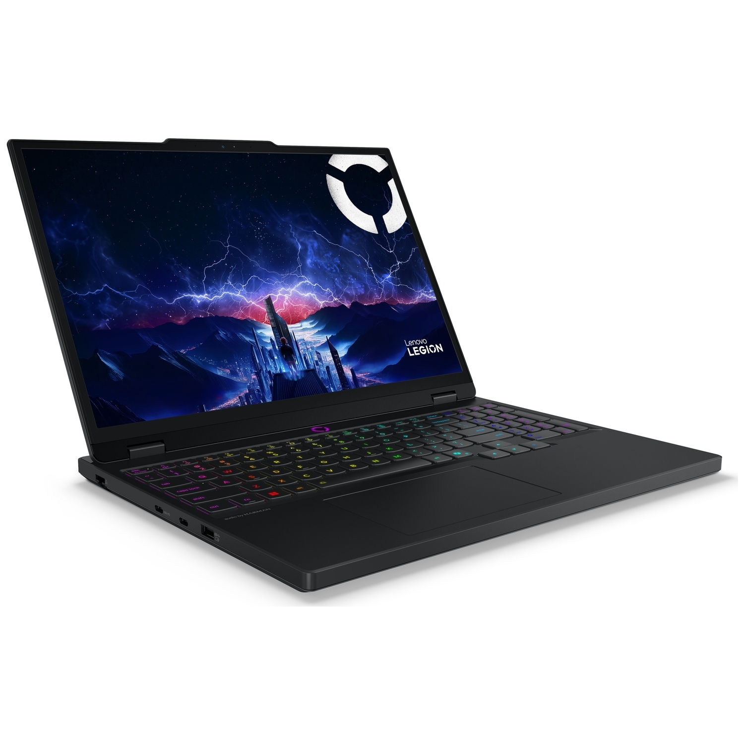 Ordinateur portable Lenovo Legion noir avec clavier rétroéclairé et fond d'écran futuriste sur fond blanc.