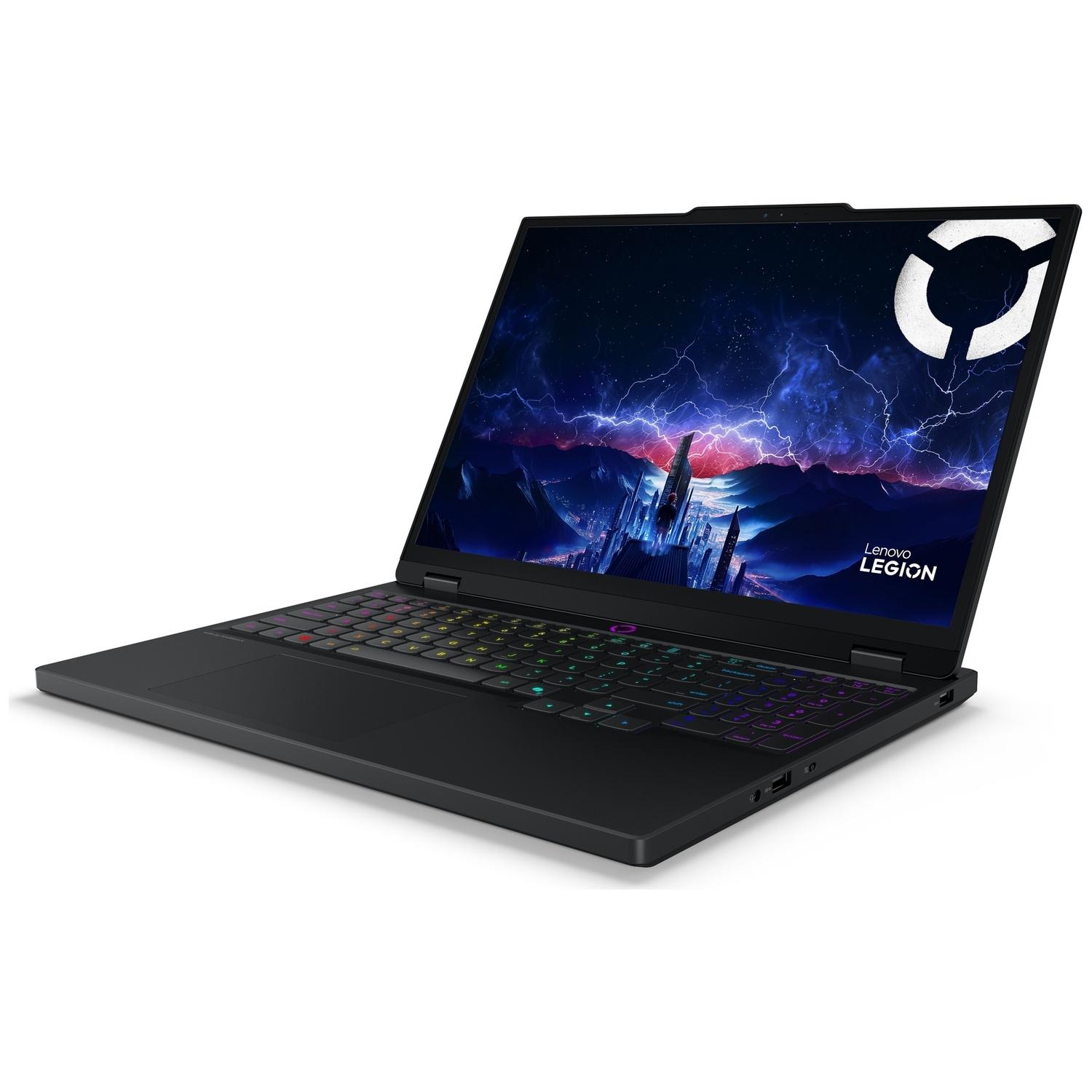 Un ordinateur portable de jeu Lenovo Legion noir ouvert sur une surface blanche, affichant un fond d'écran.