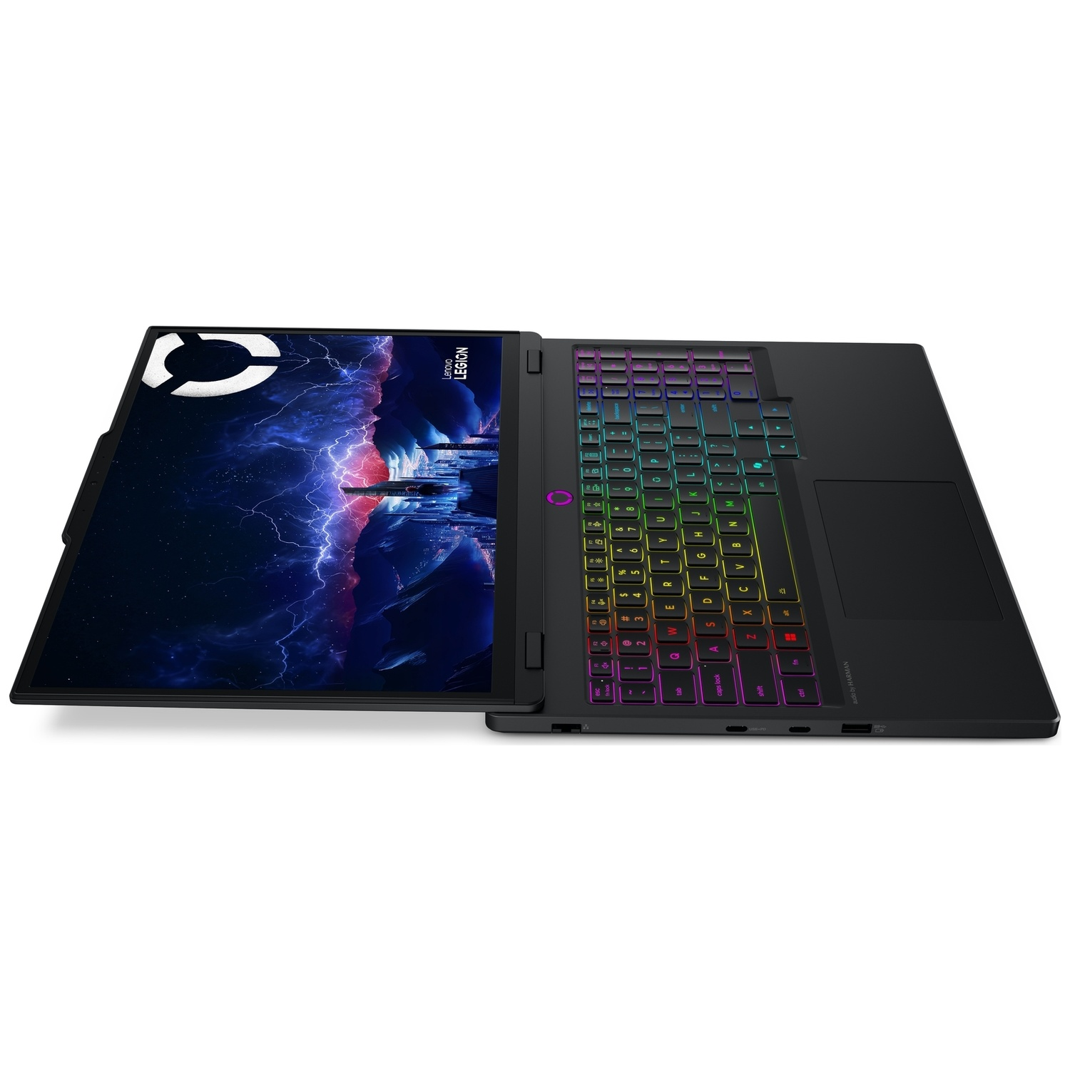 Ordinateur portable de jeu Lenovo Legion noir avec clavier rétroéclairé coloré et écran bleu sur fond blanc.