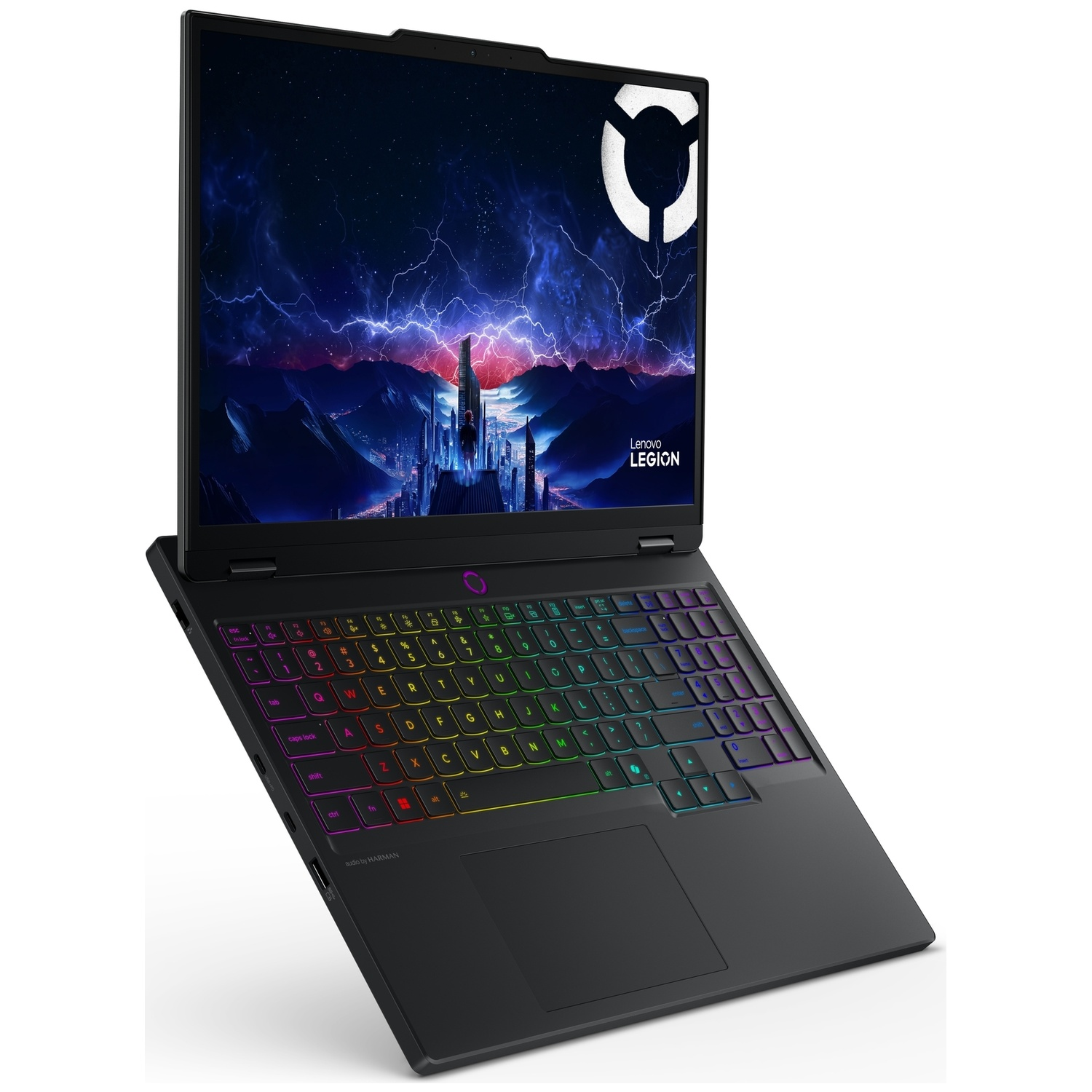 Un ordinateur portable de jeu Lenovo Legion noir entrouvert, avec clavier RVB coloré et fond d'écran futuriste.
