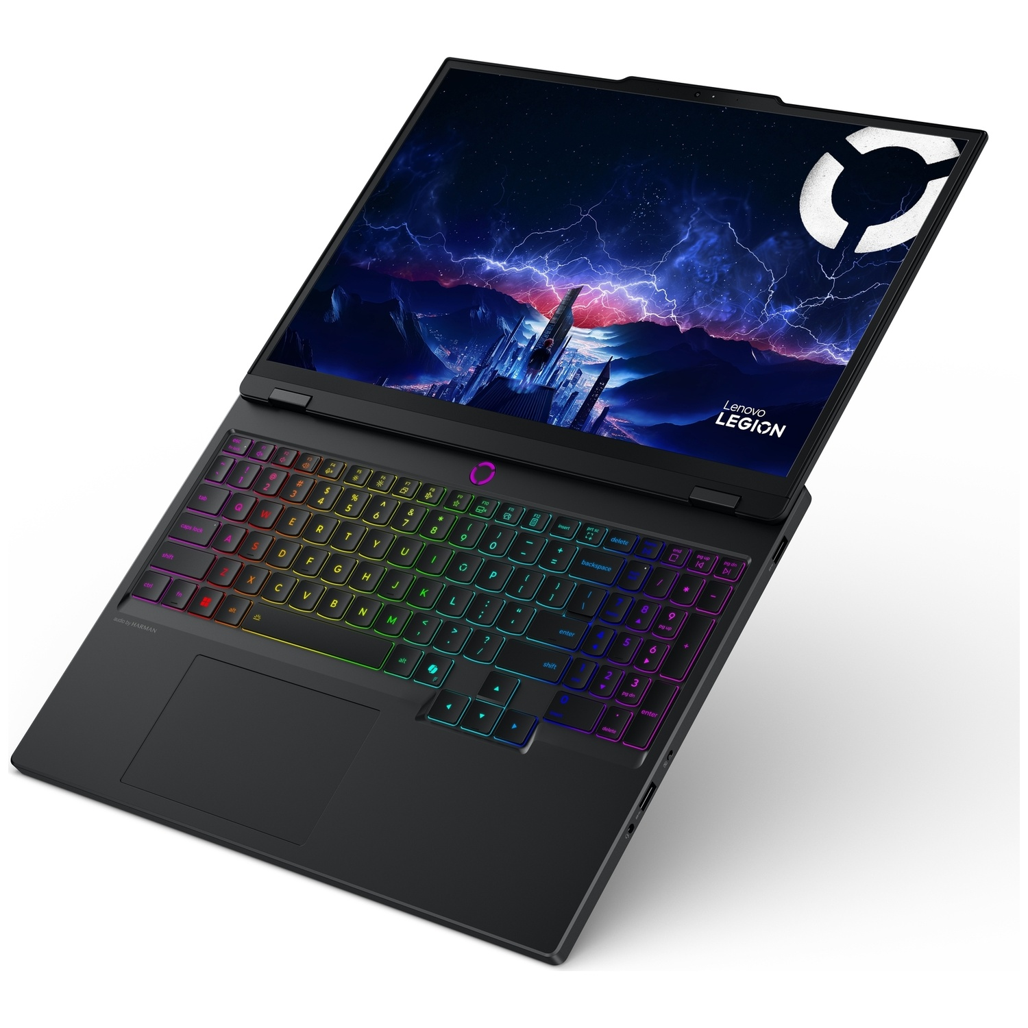 Ordinateur portable de jeu Lenovo Legion noir avec clavier rétroéclairé RVB coloré et fond d'écran nuageux.