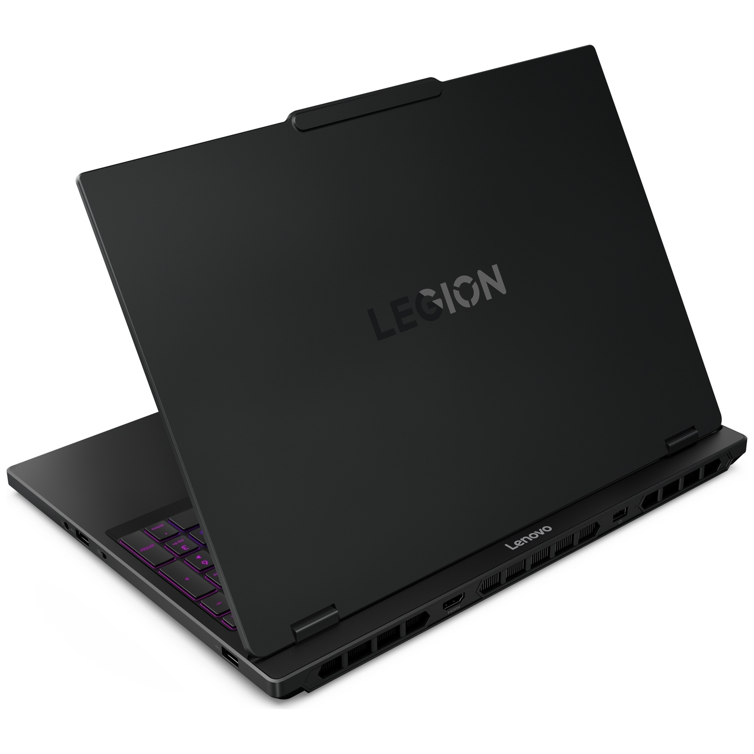 Ordinateur portable Lenovo Legion noir, écran fermé, vu de dos sur fond blanc.