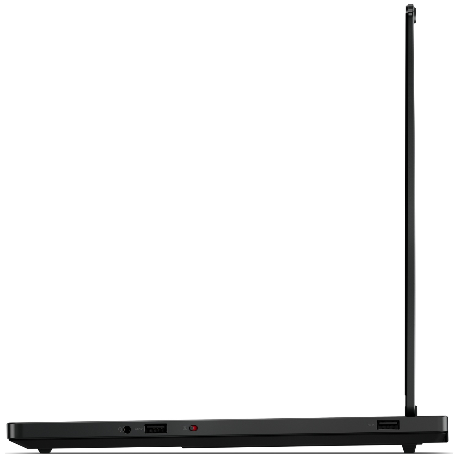Vue latérale d'un ordinateur portable noir fin montrant des ports et un écran ouvert sur fond blanc.