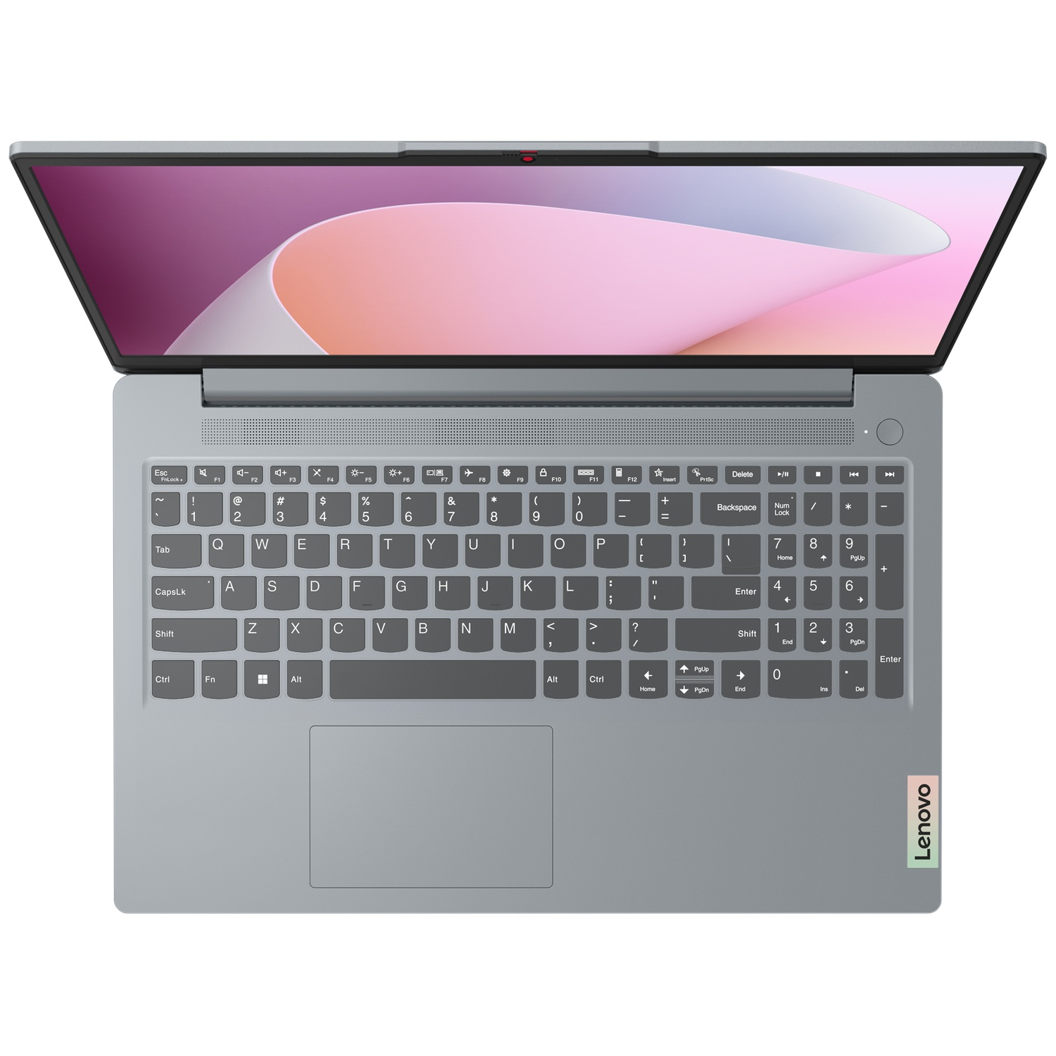 Ordinateur portable Lenovo gris ouvert, avec clavier complet et écran aux tons abstraits.