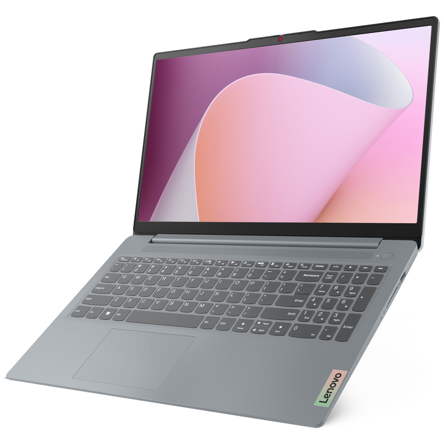 Un ordinateur portable Lenovo gris sur fond blanc avec un motif de vagues roses abstrait sur l'écran.