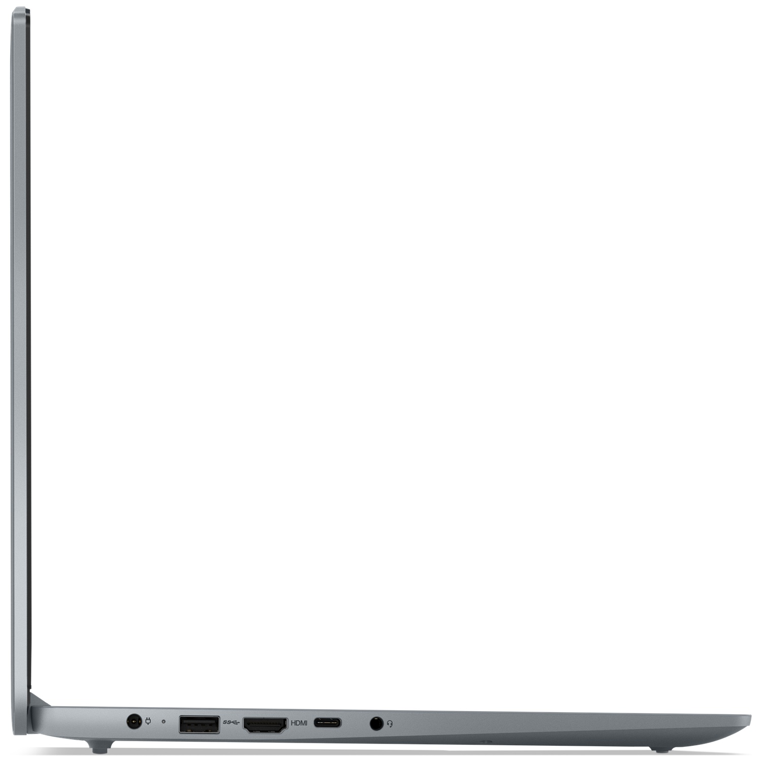Côté gauche d'un ordinateur portable gris affichant des ports USB, HDMI et audio.