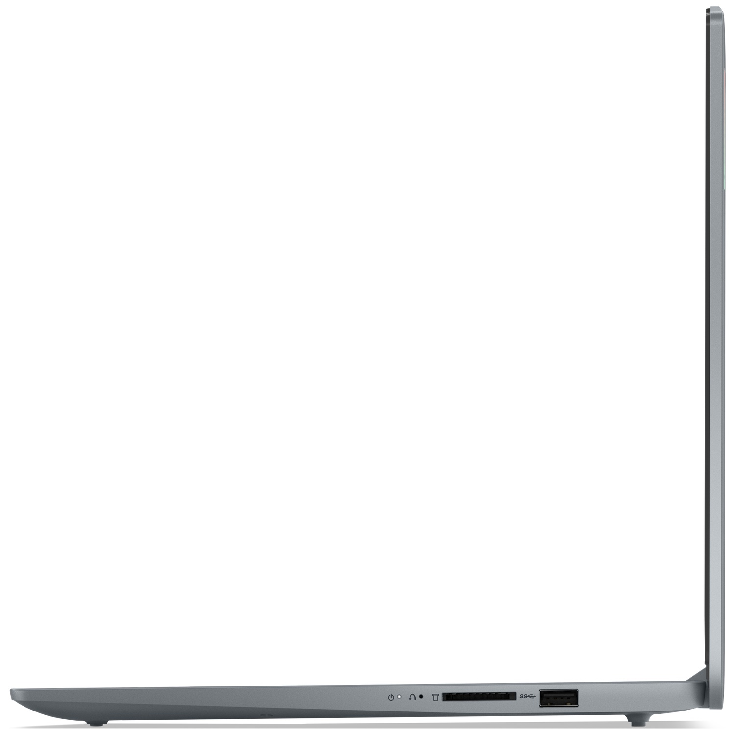 Vue latérale d'un ordinateur portable gris avec port USB, lecteur de carte SD et bouton d'alimentation.
