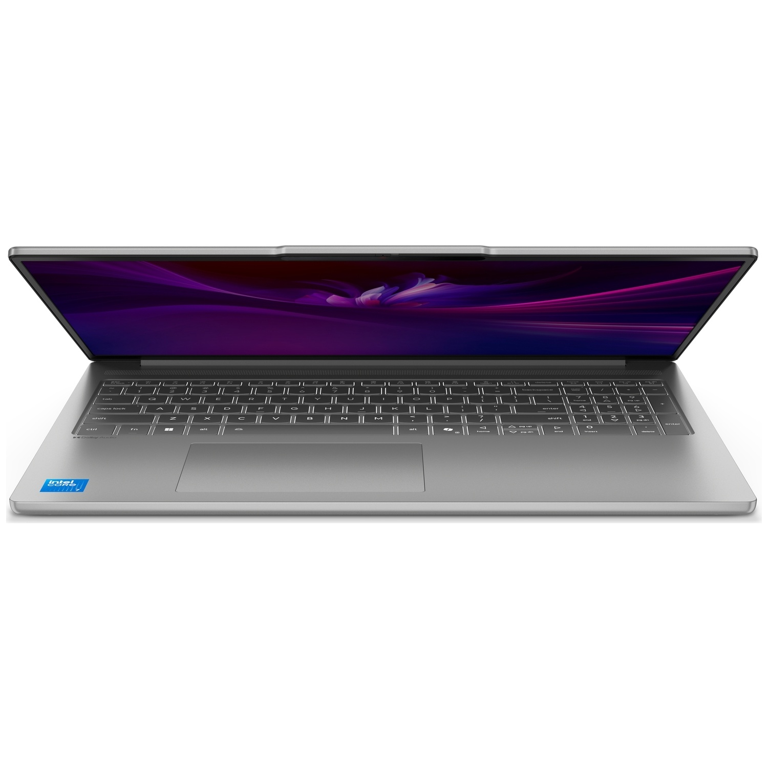 Un ordinateur portable argenté avec écran ouvert affiche un fond d'écran abstrait violet.