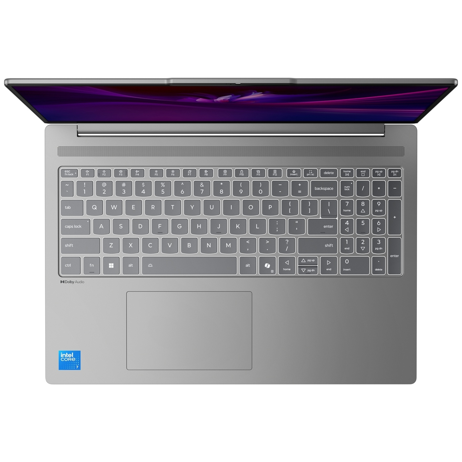 Vue de dessus d'un ordinateur portable gris avec clavier rétroéclairé, pavé tactile et autocollant Intel Core i7.