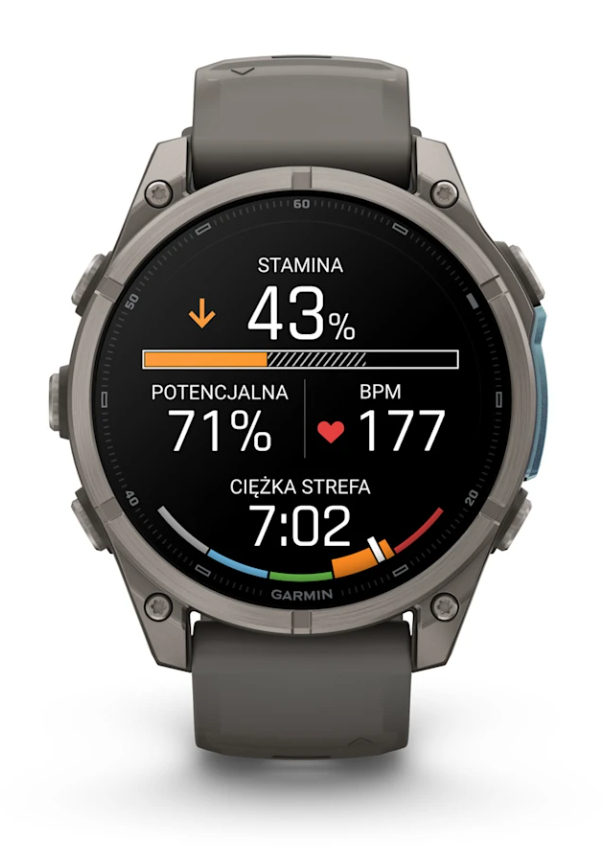 Zegarek sportowy Garmin pokazuje 43% wytrzymałości i 177 BPM tętna.