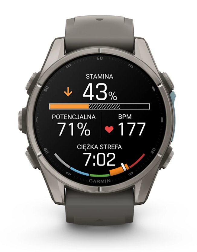Smartwatch Garmin wyświetla statystyki fitness, takie jak wytrzymałość 43% i tętno 177 BPM na czarnym ekranie.