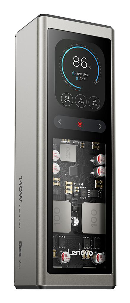 Eine graue Lenovo 140W Powerbank mit digitalem Display und sichtbaren internen Platinenkomponenten.