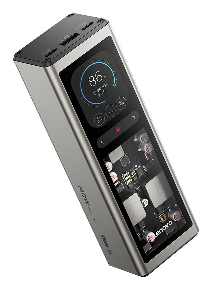 Eine graue Lenovo 140W Powerbank mit einem digitalen Display und sichtbaren Innenkomponenten.