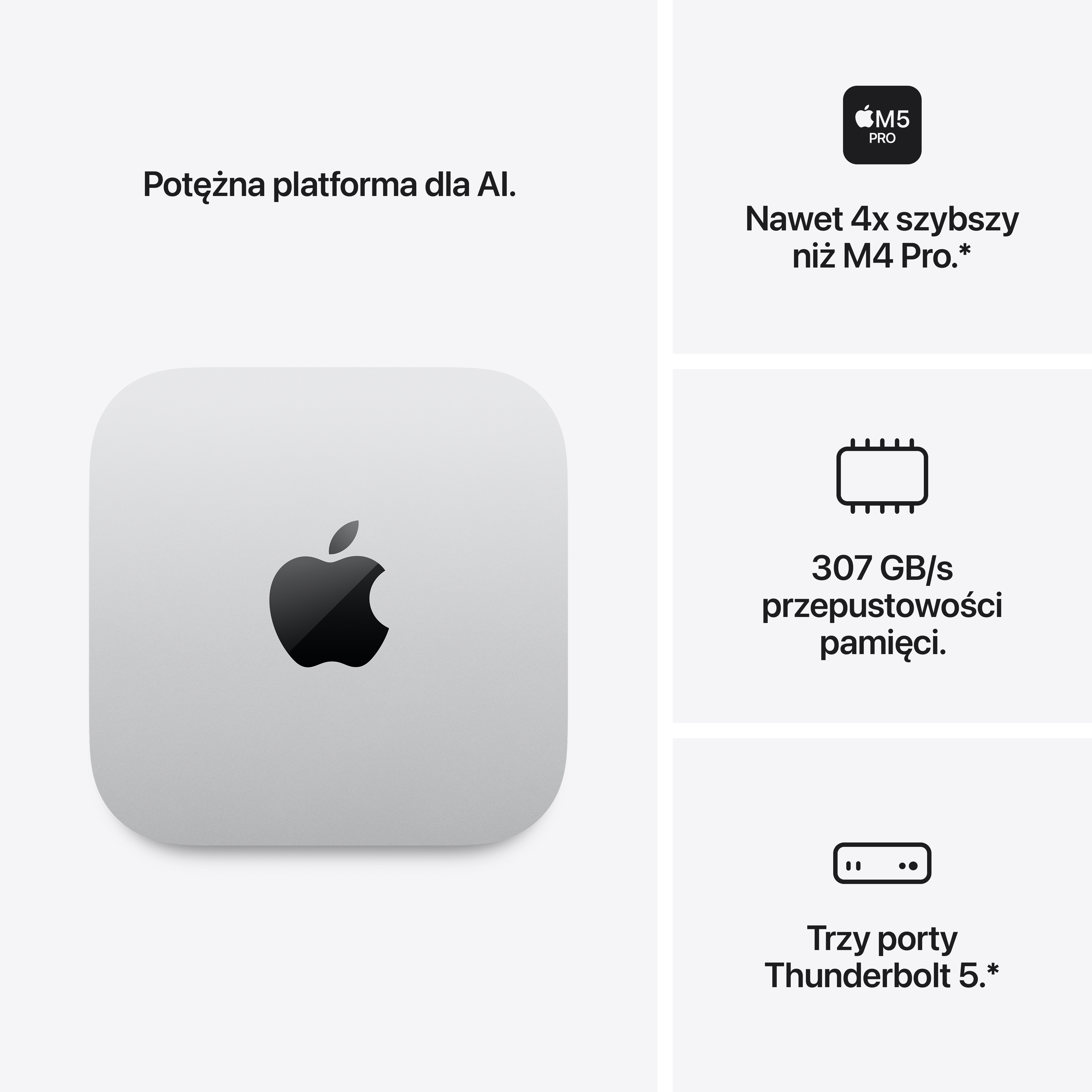 Grafika promocyjna Maca mini prezentująca wydajność, pamięć i porty Thunderbolt 5.