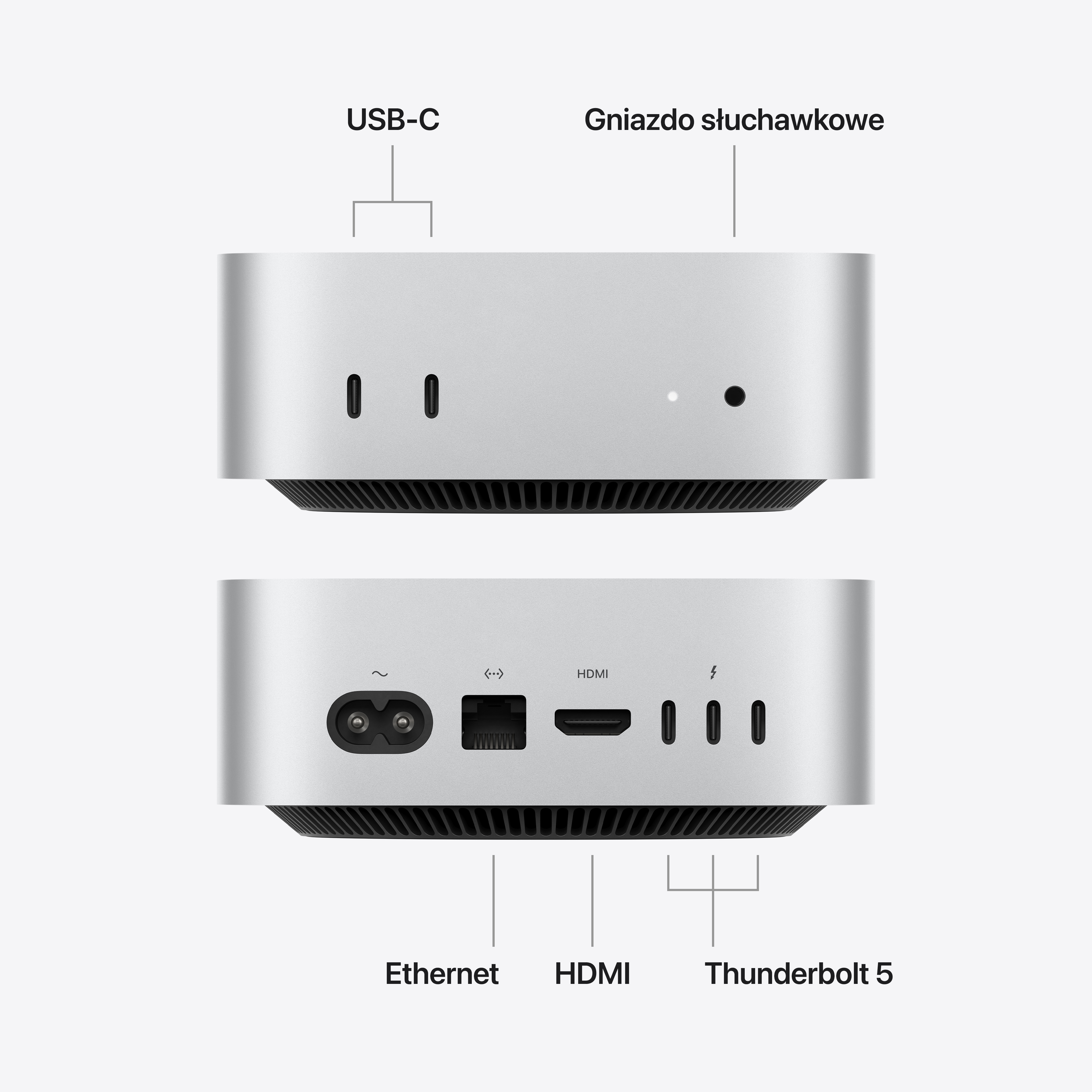 Widok z przodu i z tyłu kompaktowego srebrnego komputera z portami USB-C, Ethernet, HDMI i Thunderbolt.