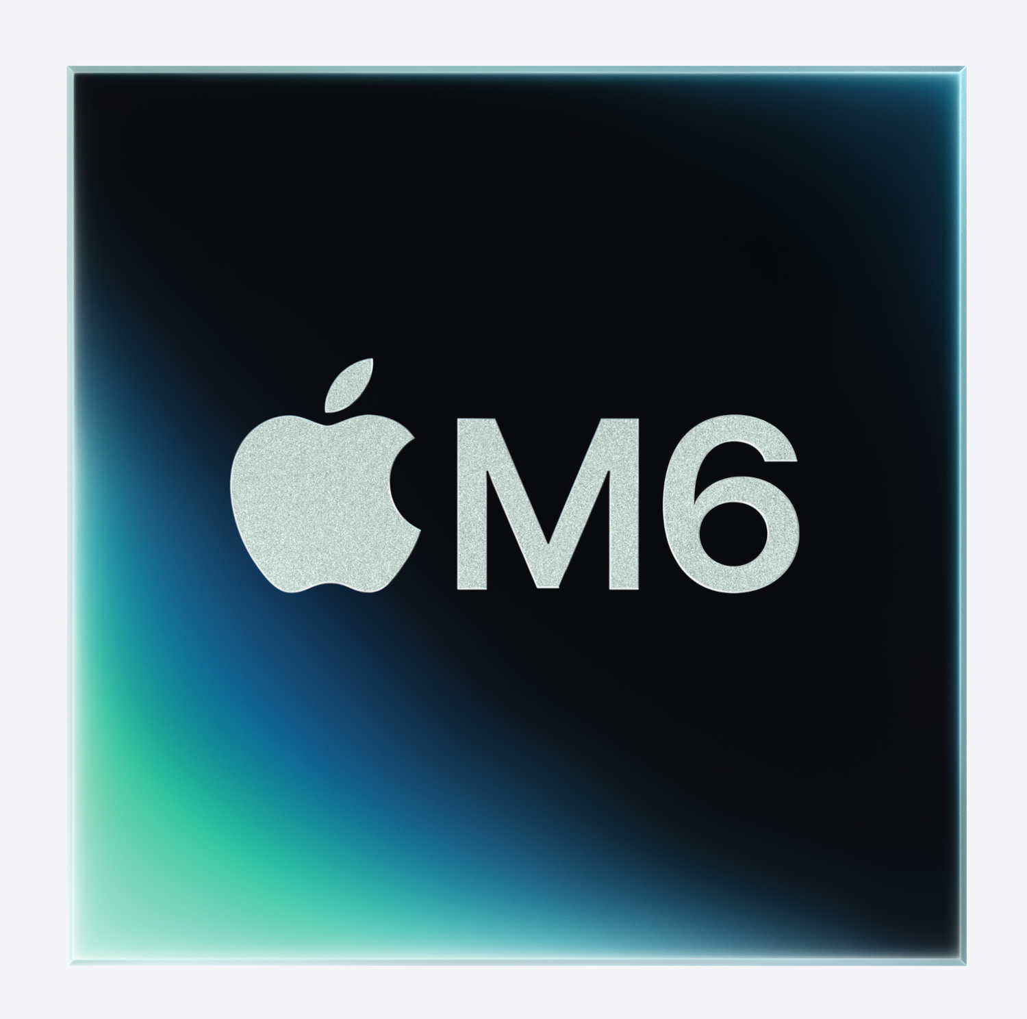 Het Apple-logo en M6-tekst in sprankelend zilver op een donkerblauwe en groene achtergrond met een rand.