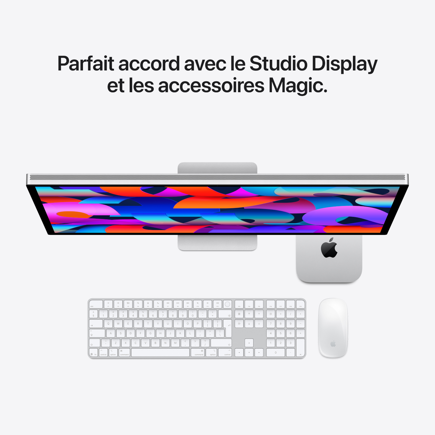Un moniteur, un Mac mini, un Magic Keyboard et une Magic Mouse sur fond blanc.