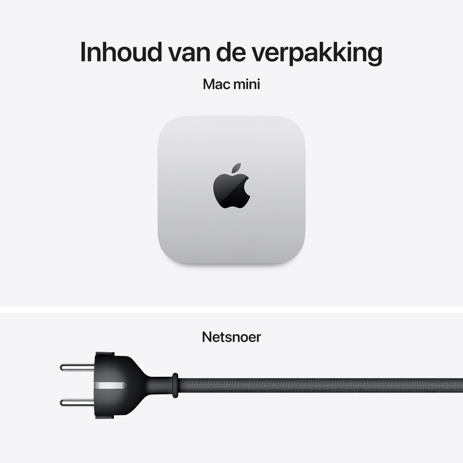 Inhoud van de verpakking met een Mac mini en een netsnoer.