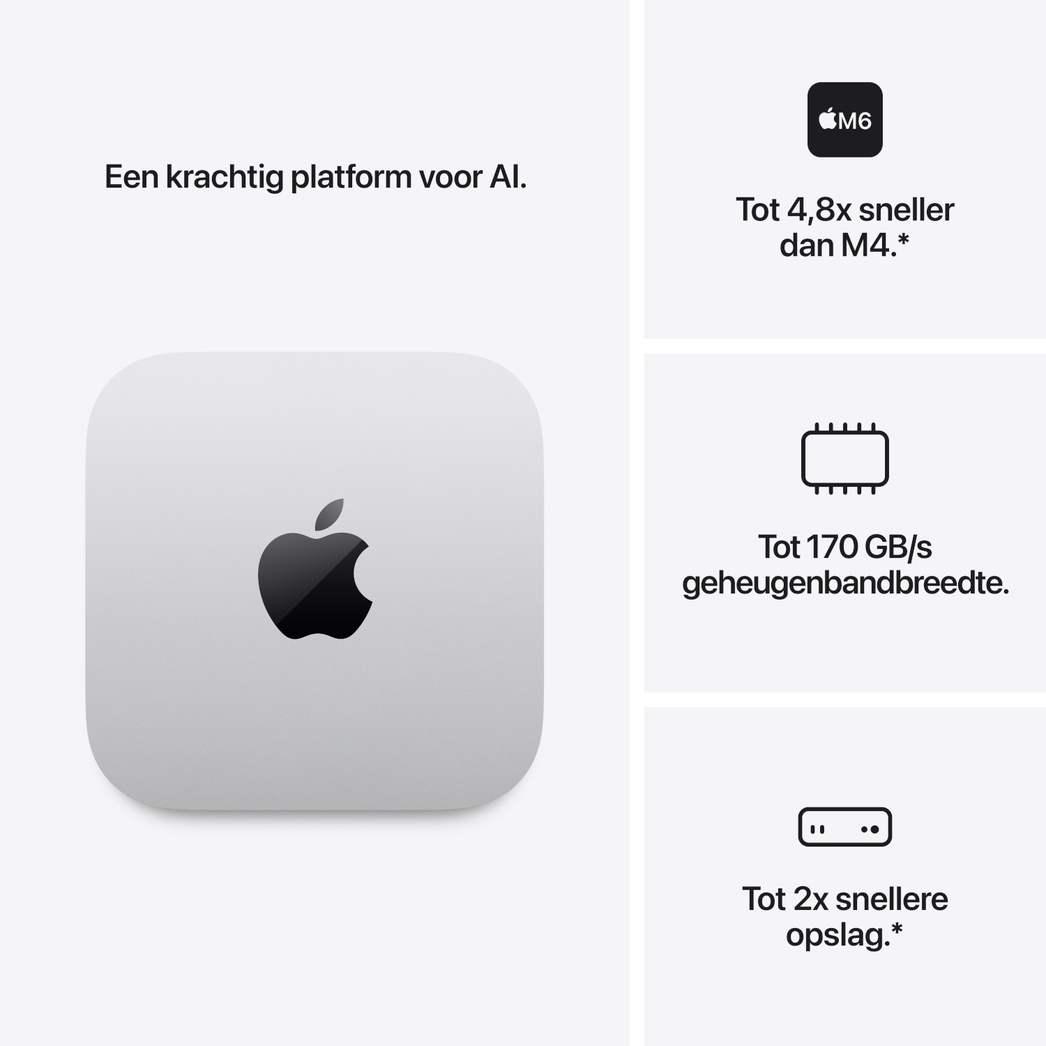 Een Apple Mac mini productafbeelding met de nadruk op AI-mogelijkheden, M6-chip, geheugenbandbreedte en snellere opslag.