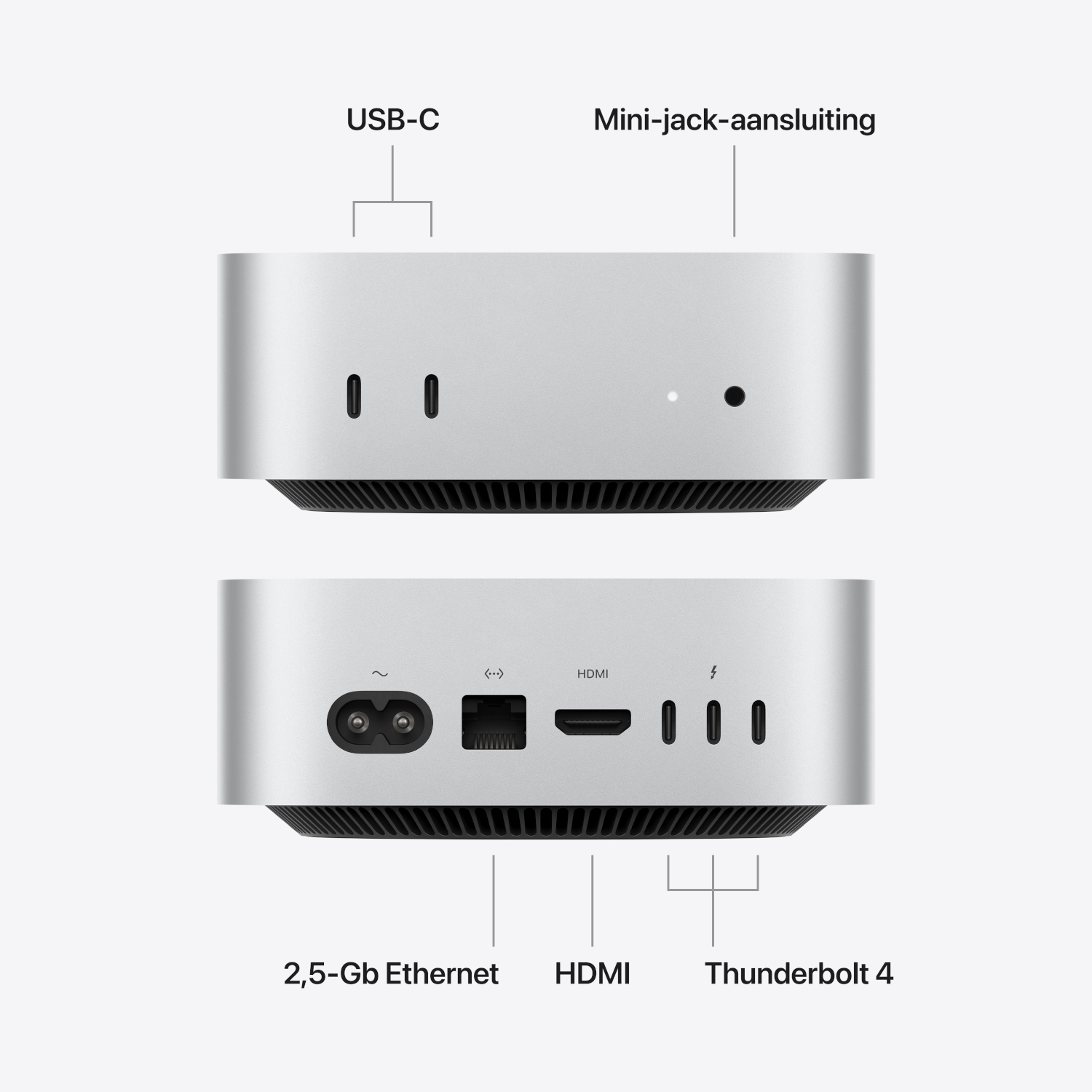 Voor- en achterkant van een zilveren mini-pc met poorten zoals USB-C, Ethernet, HDMI en Thunderbolt 4.