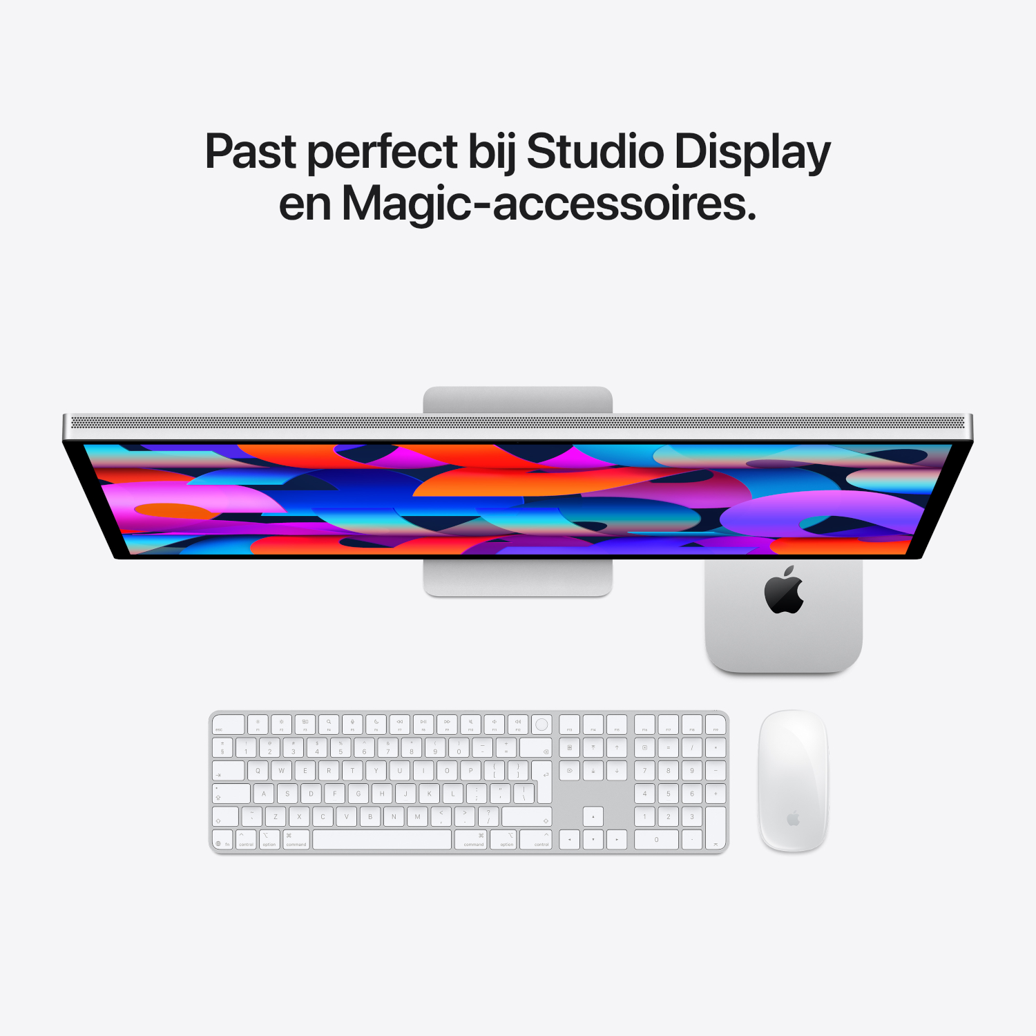 Een Apple Studio Display, Mac mini, Magic Keyboard en Magic Mouse van bovenaf gezien.
