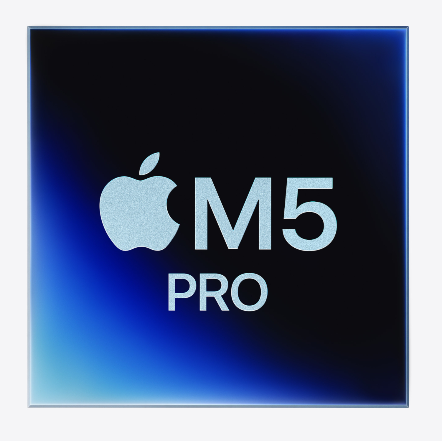 Het Apple M5 Pro-logo op een blauwe en zwarte achtergrond met lichtreflecties.