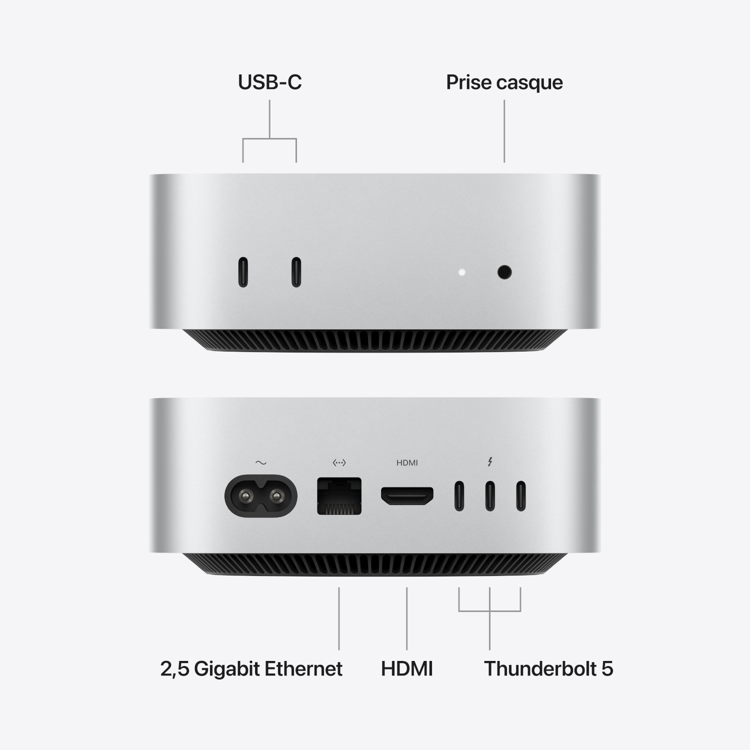 Vues avant et arrière d'un ordinateur argenté compact montrant des ports tels que USB-C, HDMI, Ethernet et Thunderbolt 5.